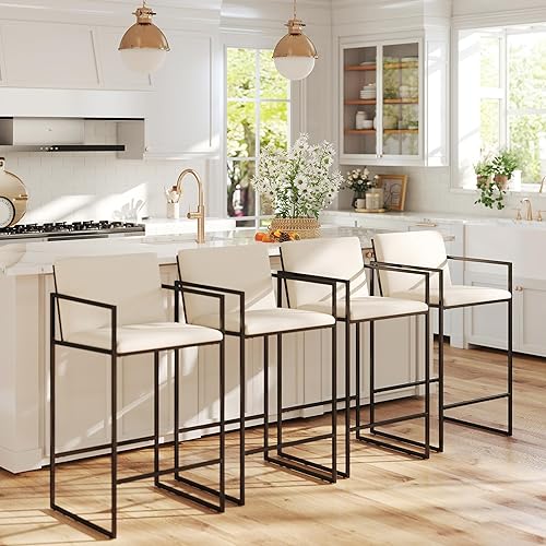 Miniatura 7 de Modern Gold - Juego de 2 taburetes de bar tapizados de piel sintética de 25.5 pulgadas con respaldo y reposabrazos, sillas de mostrador para isla de