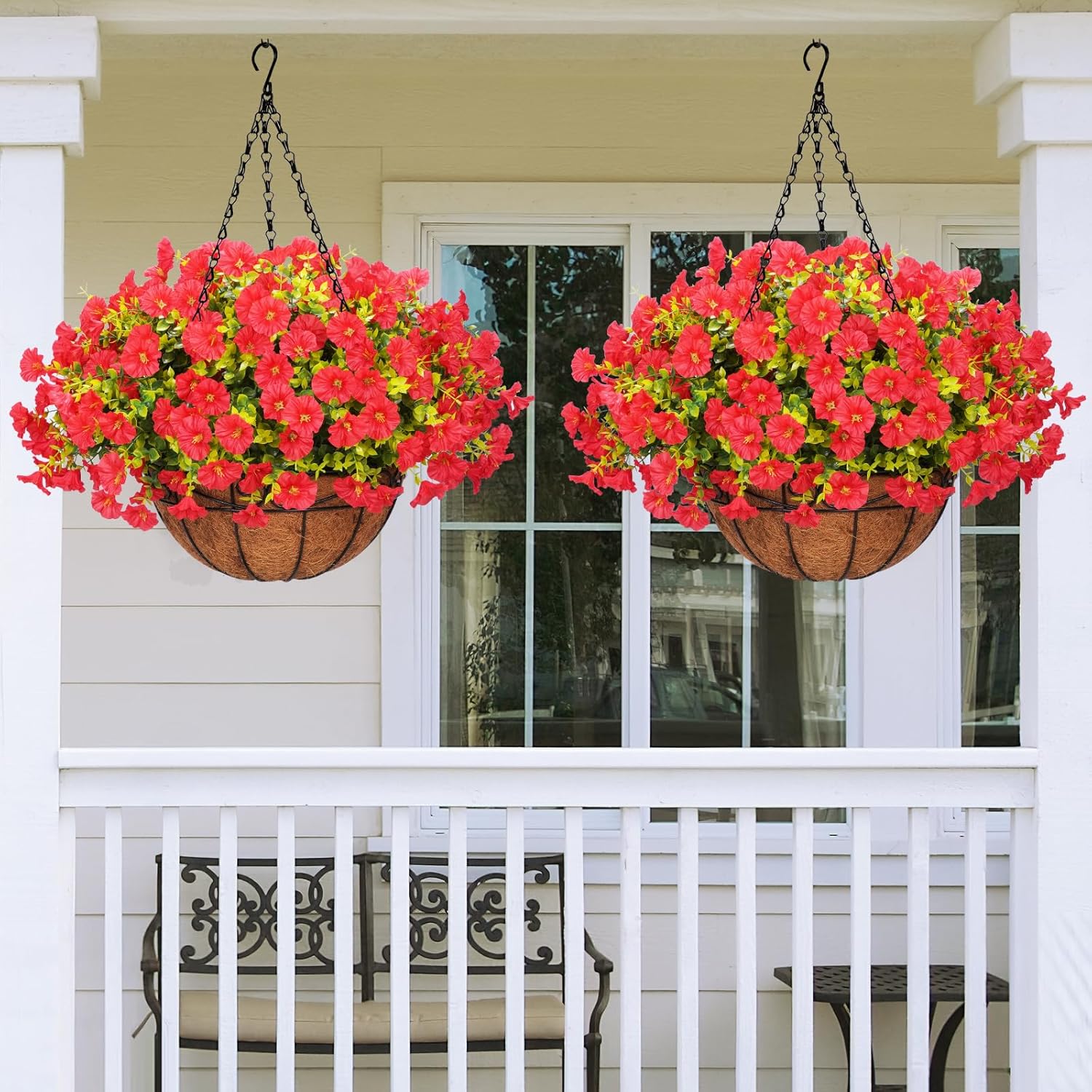 Yastouay Artificial Hanging Flowers for Outdoors, Fake Hanging Plants with Baskets, UV Resistant Hanging Flowers Fake Flowers for Outdoors Porch Patio Garden Spring Summer Decor(Red)