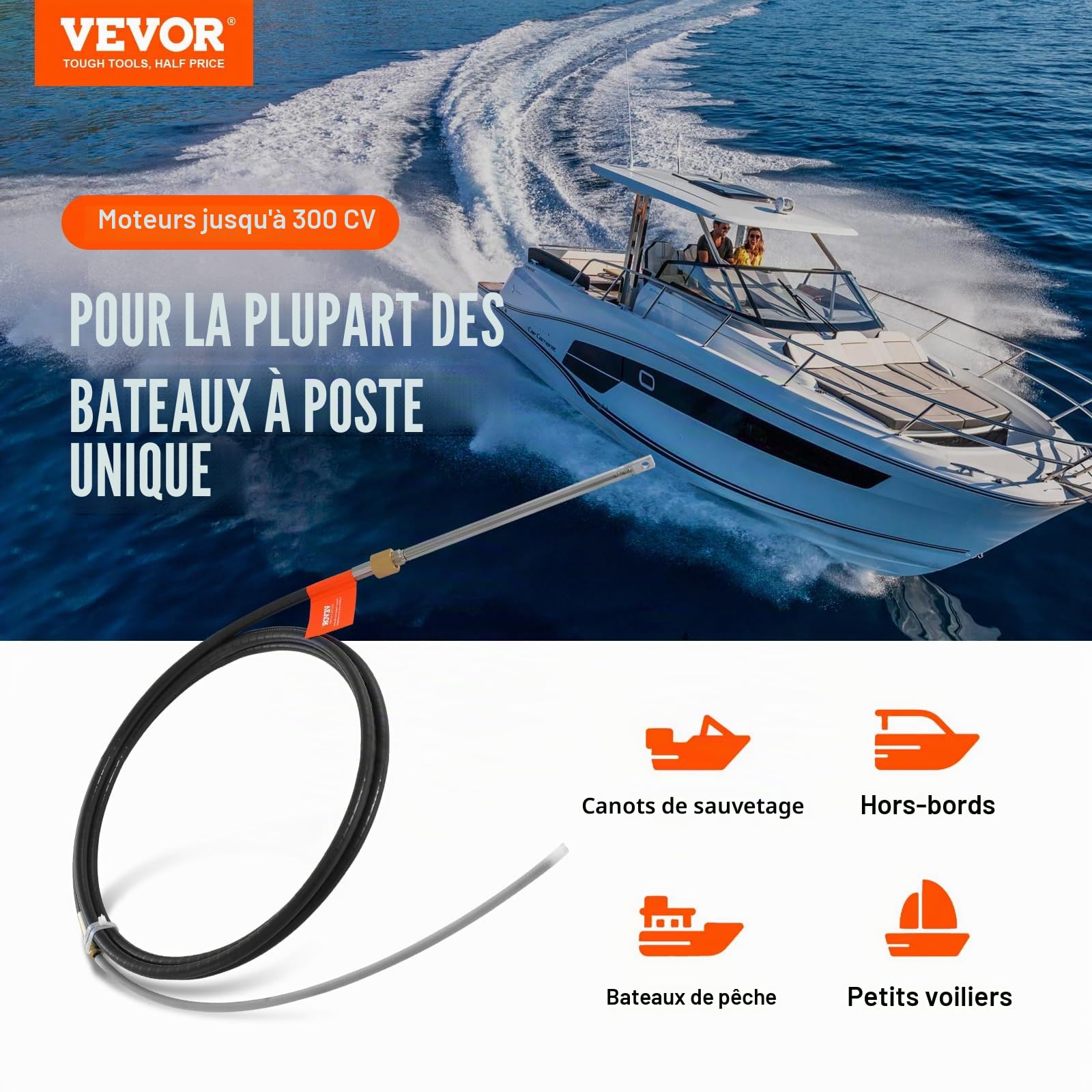 VEVOR Câble de Commande pour Bateau 520 cm Câble d'Accélérateur Force de Traction Maximale 500 kg Câble de Direction Compatible avec la Plupart des Systèmes de Direction de Hors-Bord à Station Unique