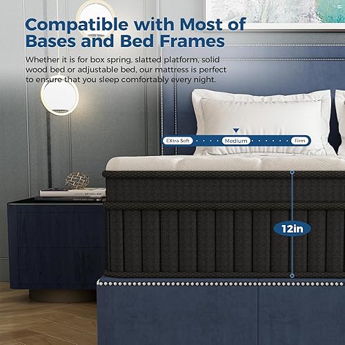 Miniatura 5 de Juego Colchón híbrido tamaño King de 12 pulgadas, con espuma viscoelástica de firmeza media y resortes individuales para mejorar el sueño y aliviar