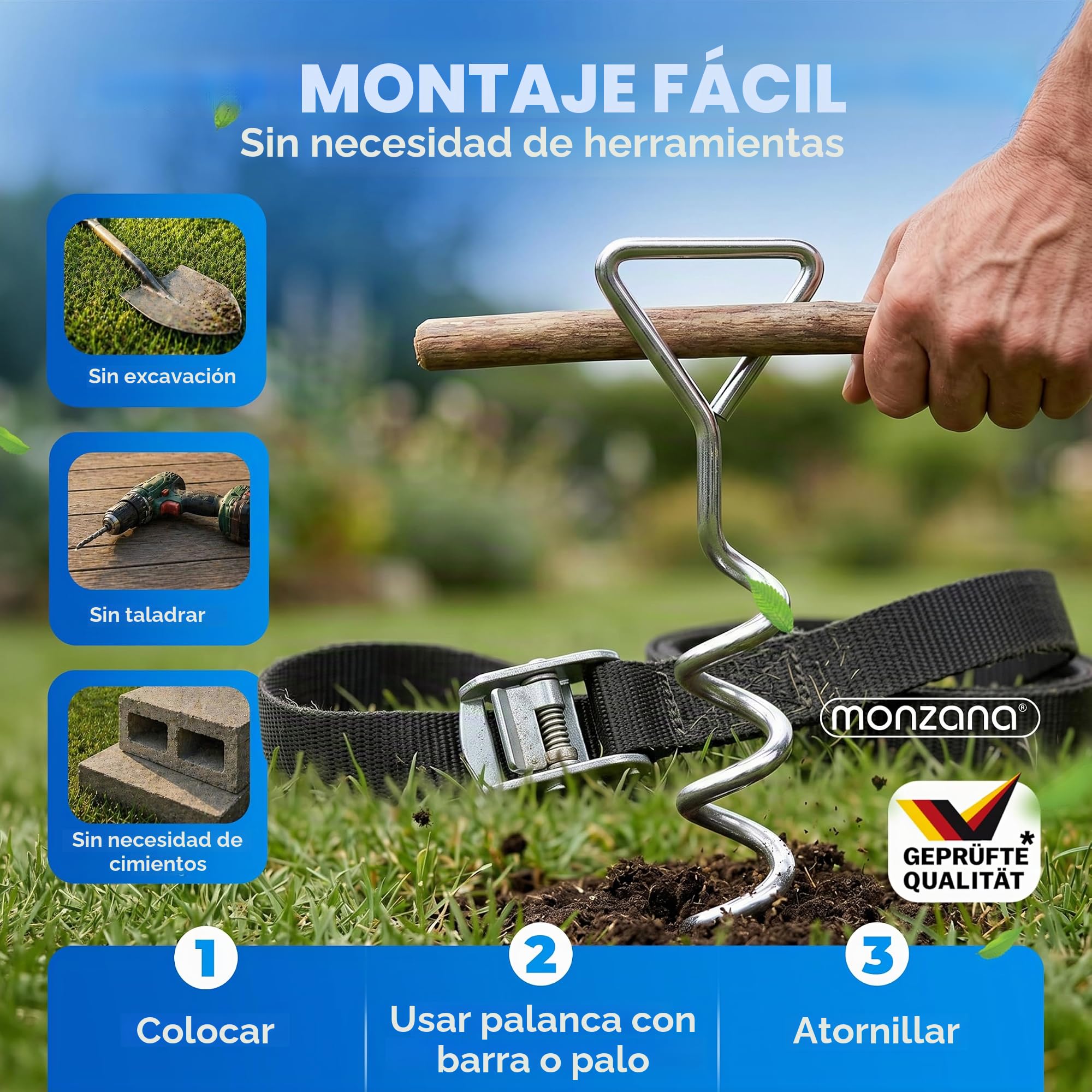 MONZANA Kit de 4 Anclajes en Espiral al Suelo 5 Piquetas 4 Correas de Fijación máx.900Kg Trampolín