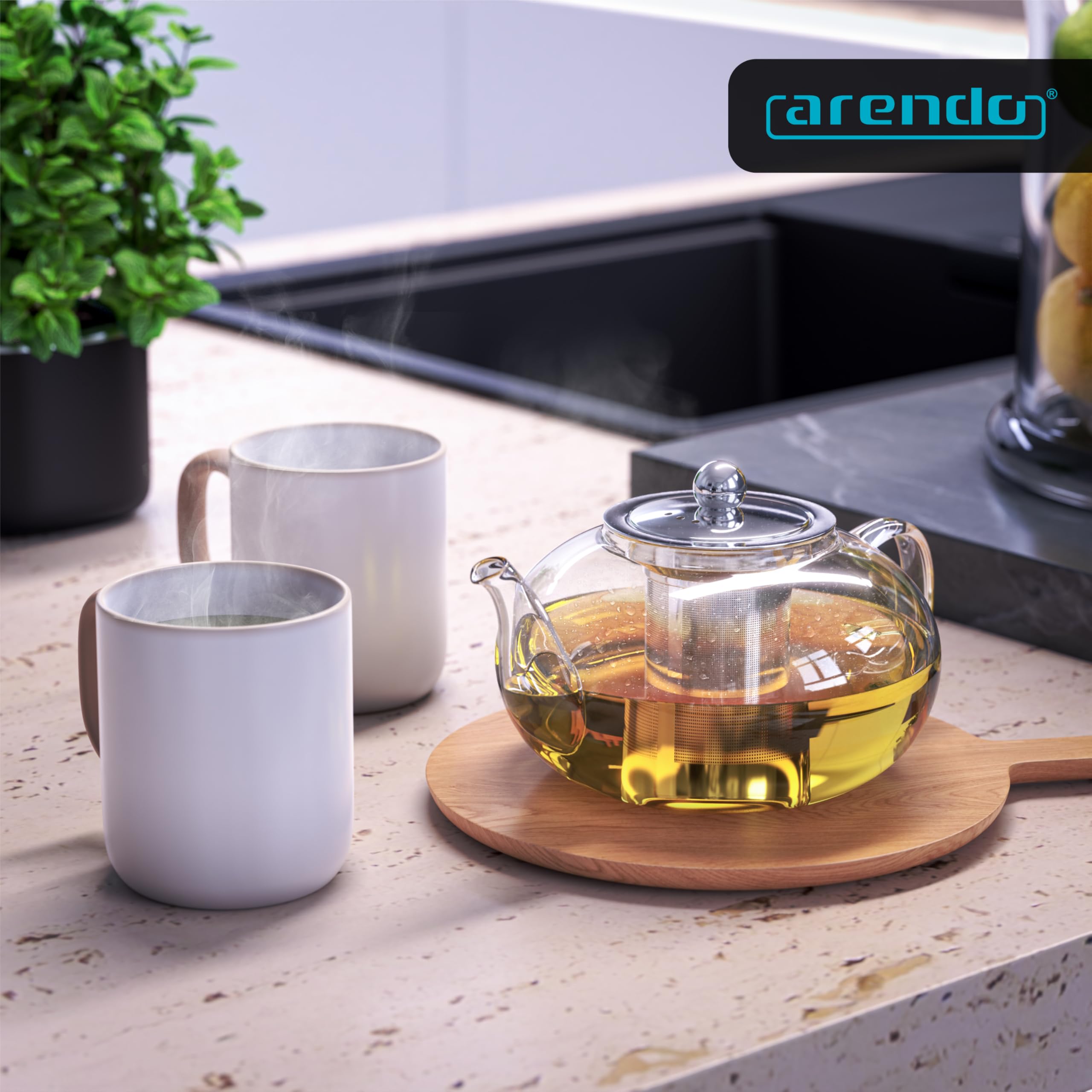 Arendo - Teekanne Glas mit Sieb - 1200 ml – aus Borosilikatglas – mit Edelstahlsieb – feinmaschig – hitzebeständig – Glasteekanne – für losen Tee Kräutertee Früchtetee – Teekocher – langlebig – feinma