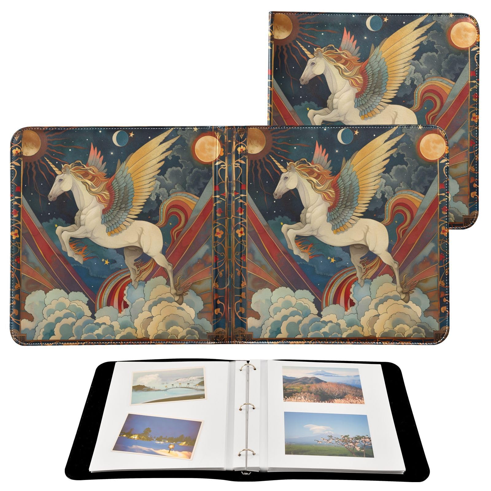 JIPONI Unicorn Horse Flying Large Photo Album, DIY Leather Cover Scrapbook Albums for 4x6 5x7 6x8 Pictures, Self Adhesive Memory Book for Wedding, Baby, Family