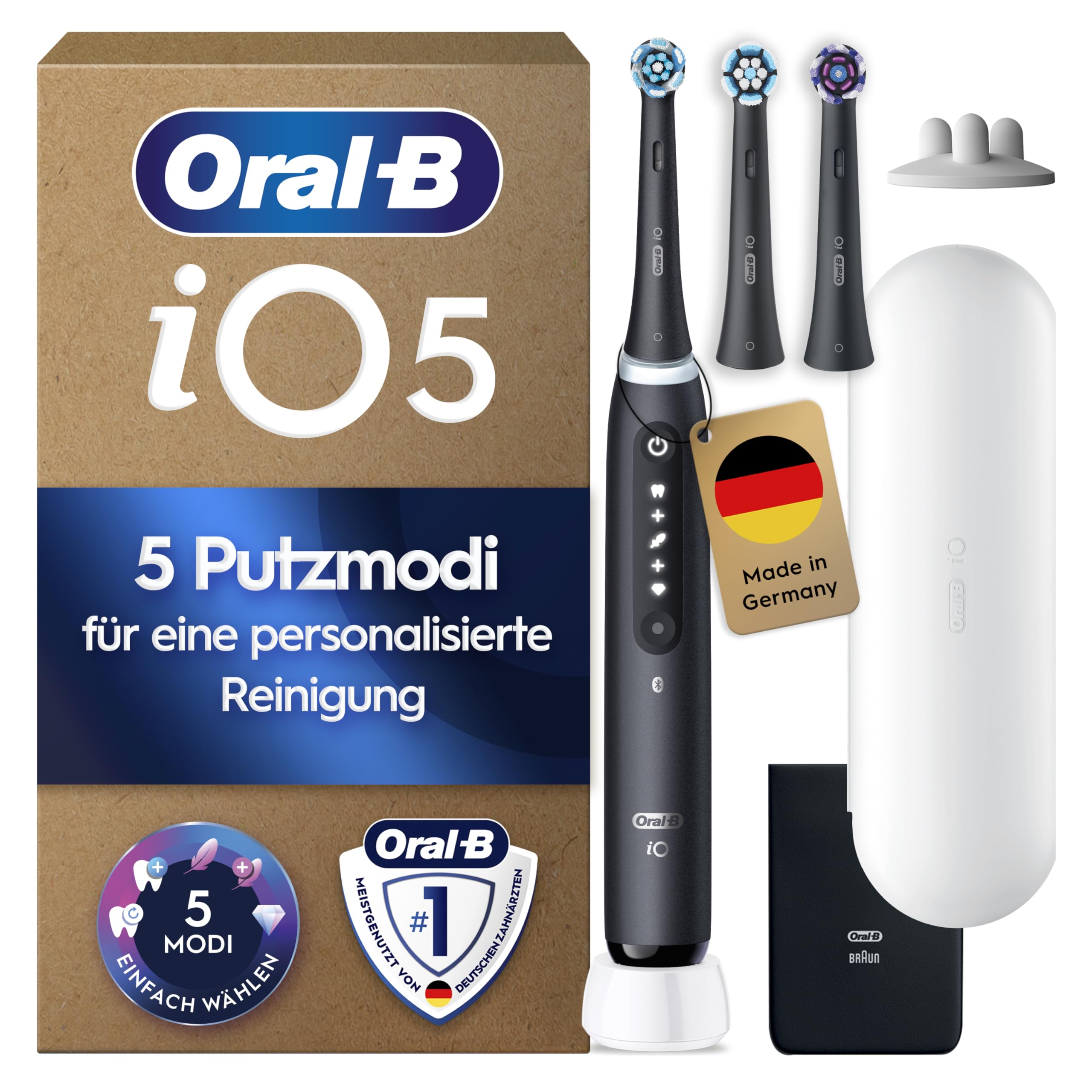 Oral-B iO Series 5 Plus Edition Elektrische Zahnbürste — Electric Toothbrush, Inkl. 3 Aufsteckbürsten und Reise-Etui — 5 Putzmodi für Zahnpflege, Zahnbürste Elektrisch, Designed by Braun, Schwarz