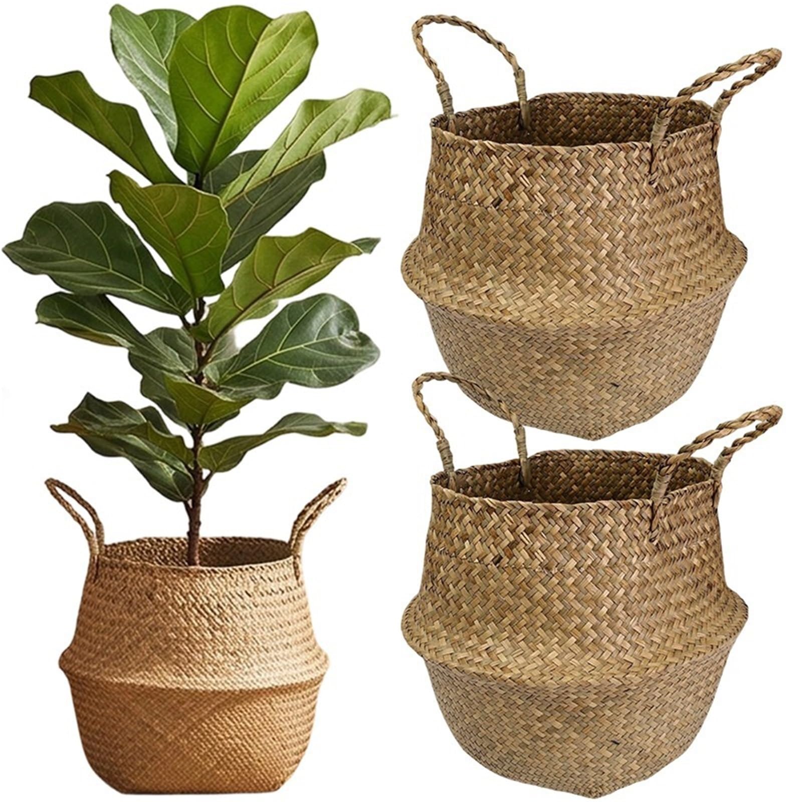 Cesta de almacenamiento tejida a mano pasto marino natural | Con asas dobles, cubierta for maceta, forma de calabaza, tejido cónico for lavandería, sala de estar