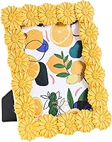 ZIHARA 5x7 Yellow Daisy Picture Frame - Handcrafted Textured Ornate Resin Frame with Glass, Mat, Easel & Hook for Tabletop or Wall Display