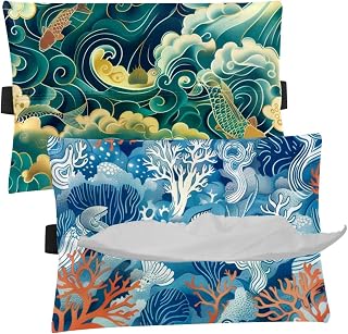 2 Pieces Tissues Purse Pocket Car Tissue Box Holder, Reusable Travel Car Visor Tissue Pouch Zipper Tissue Case for Vehicle Paper Storage (Ocean Fish)