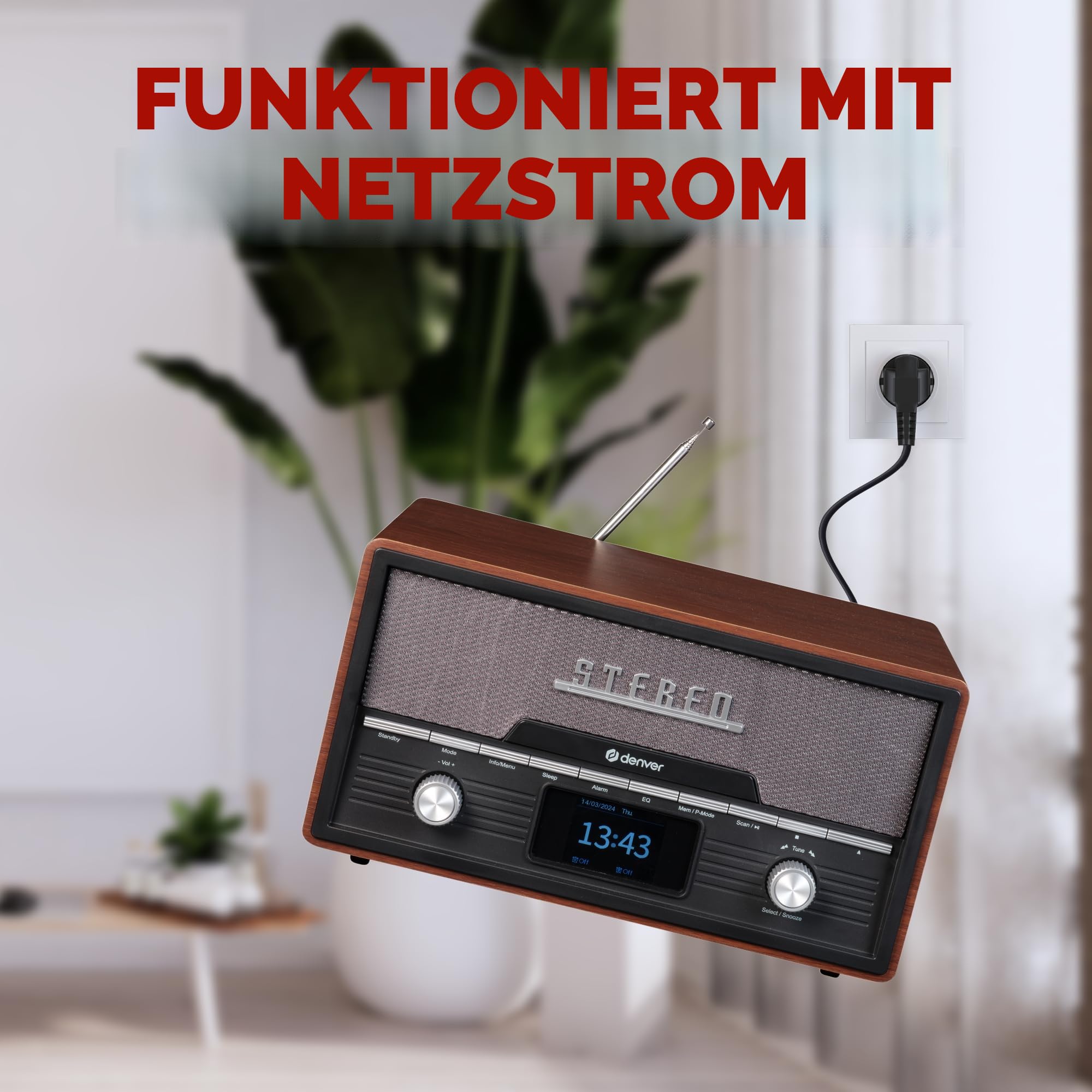 DENVER MDA-525DW Retro Mikro HiFi Anlage - DAB+ & FM Radio - CD-Player - Bluetooth - USB-Anschluss - AUX-Eingang - Weckerfunktion - Kompakte Stereoanlage im Holz Design | All-in-One Holzkonstruktion, 2x50W, Elegantes Retro Design, Für Wohnzimmer, Büro