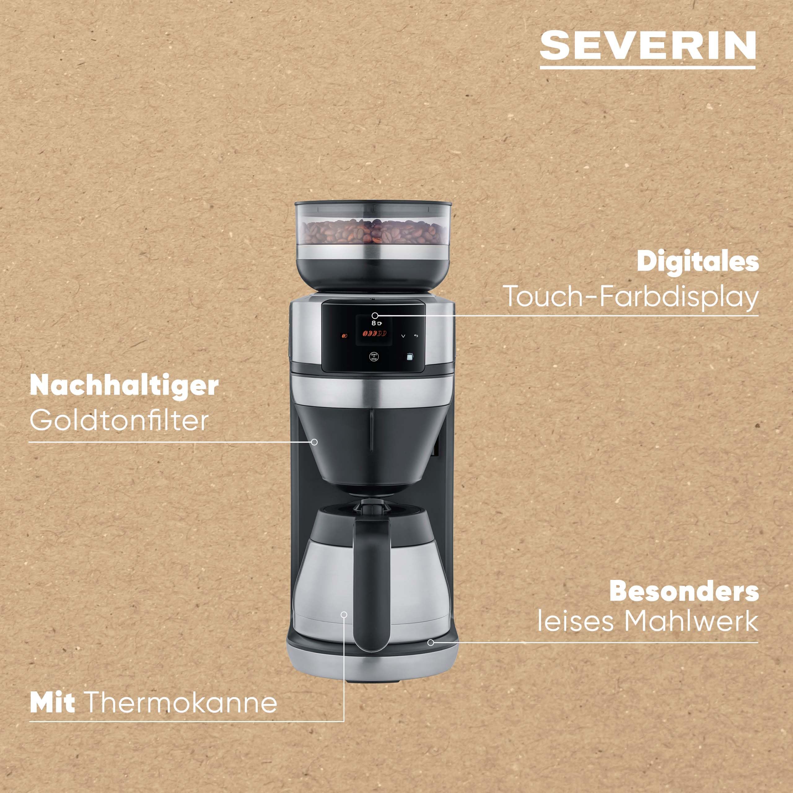 Severin Vollautomat für Filterkaffee, Mahlwerk, 5 Kaffeestärken, 100-350ml, 5-in-1 Filterkaffeemaschine, LED-Display, Warmhaltefunktion, Thermokanne, Filka, schwarz-matt, Edelstahl, KA 4853