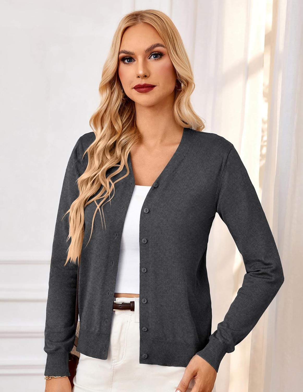 GRACE KARIN Women's Long Sleeve Button Down Vee Neck Classic Sweater Knit Cardigan - Image 3