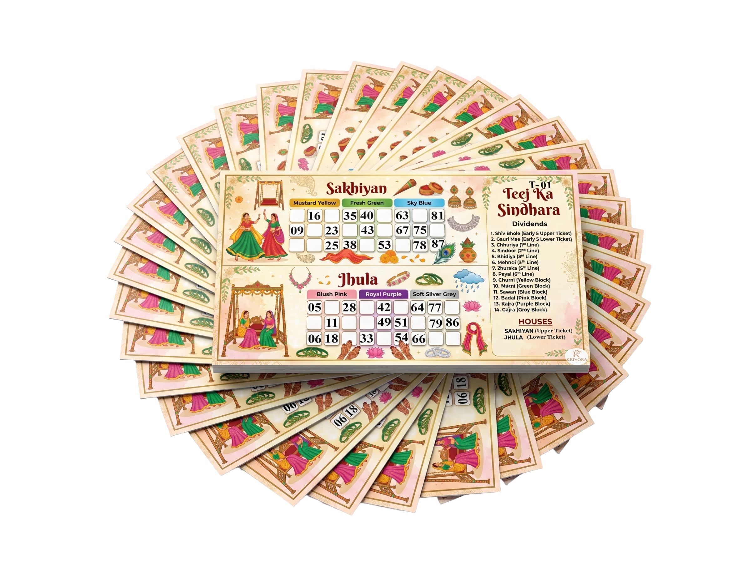 Teej Theme Tambola Tickets for Ladies Kitty Party Pack of Teej Ka Sindhara Housie Game 15 Cards Set, Traditional Hariyali Teej Monsoon Festival Party Games (Teej Sindhara)-image-29