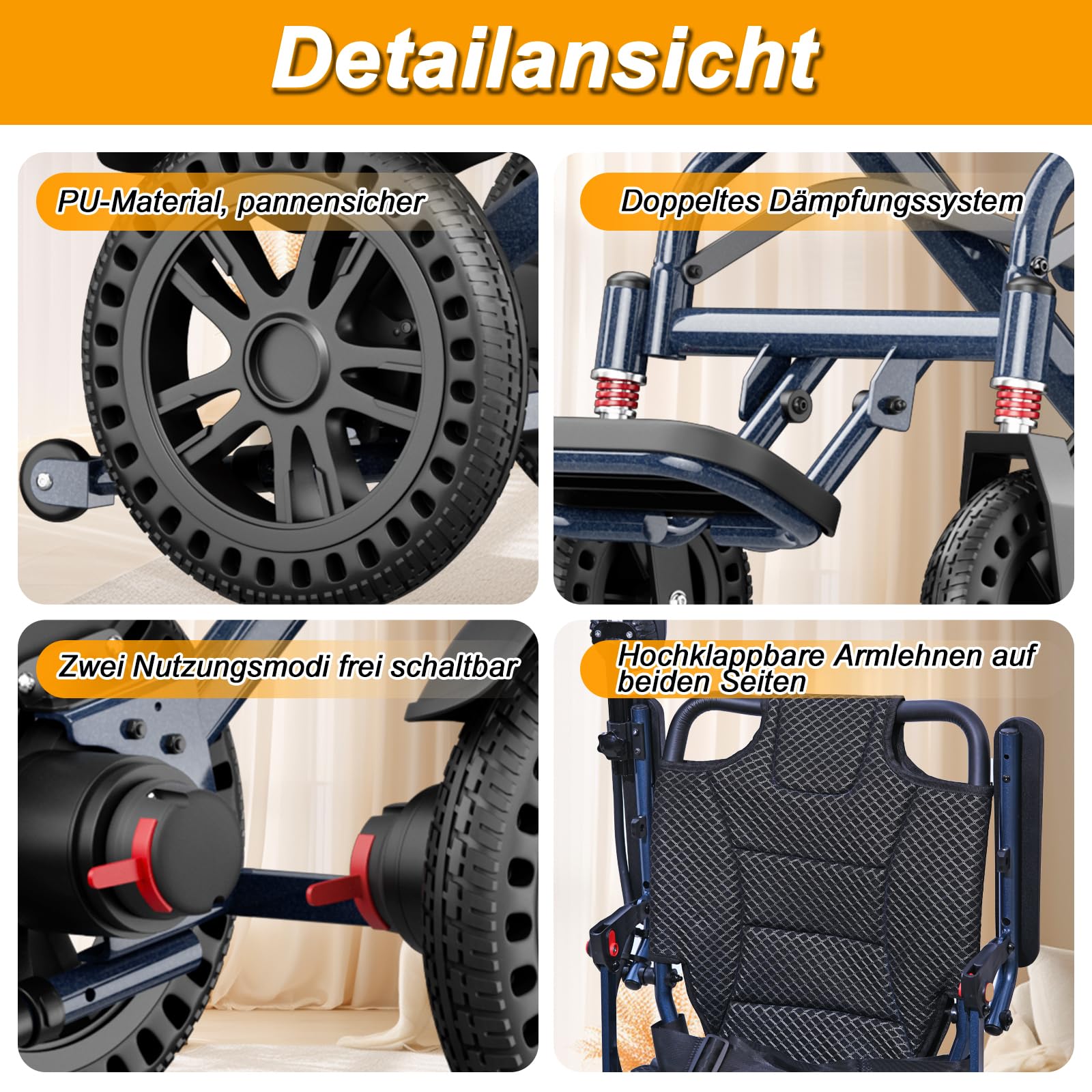 Elektrischer Rollstuhl Faltbarer 40 km Reichweite, 2 Akkus, D14 leicht E Rollstuhl, 18,5 kg ohne Akku, bis 150 kg, reisetauglich einfach zu transportieren mit komfortablem Sitz, für Reisen, Blau