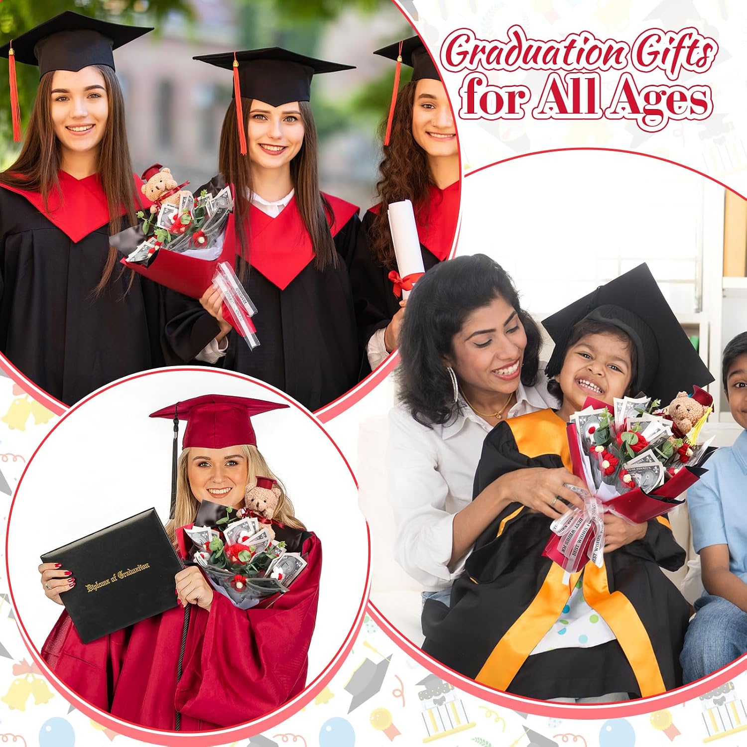 Thiccywoov 2026 Graduation Crochet Flowers Bouquet Money Bouquet Kit Graduation Bear Artificial Knitted Rose Flower Grad Gift for DIY Congratulation Graduate Gift(Red)