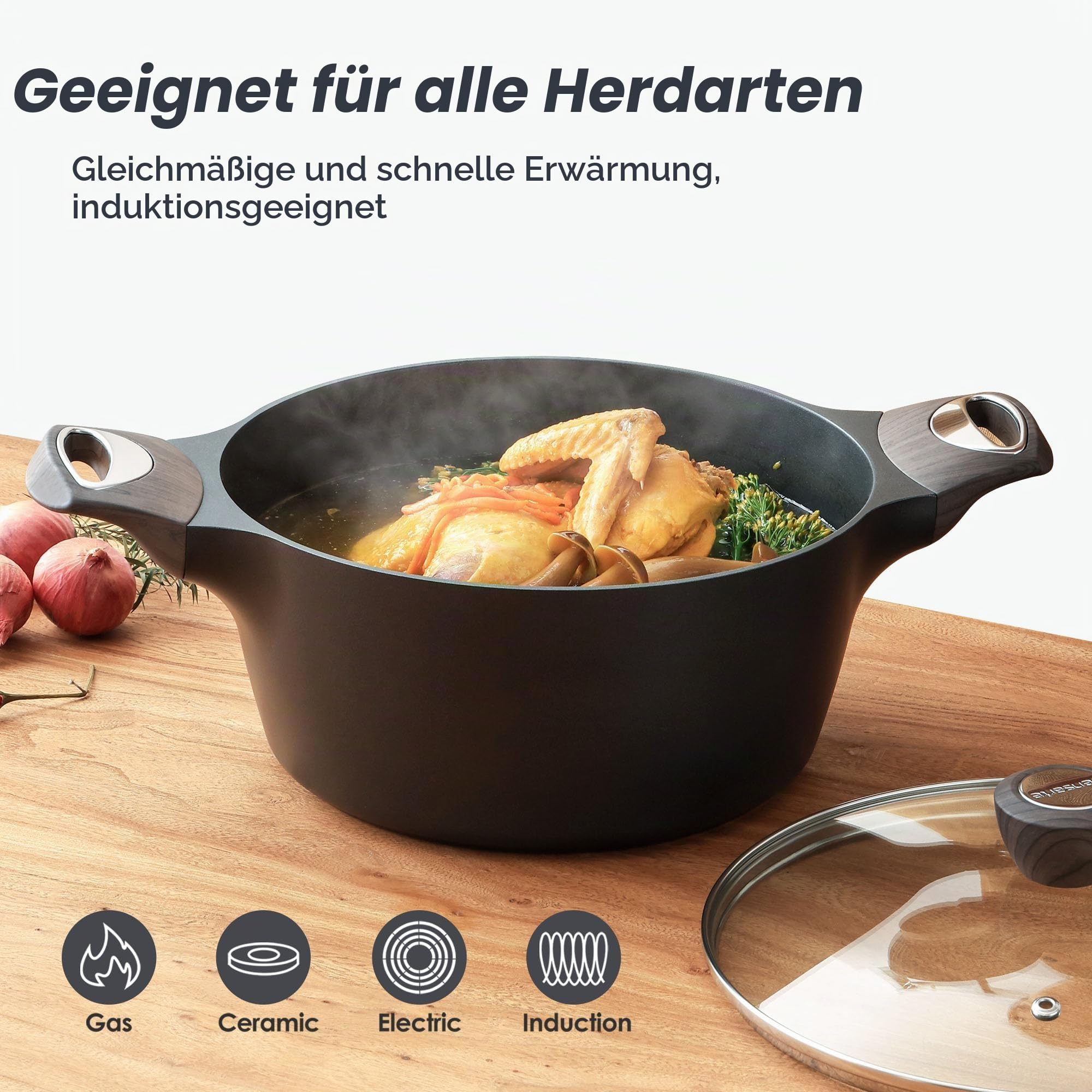 SENSARTE Antihaftbeschichteter Suppentopf mit Deckel, 6.2L Großer Kochtopf | Soßentopf Fleischtopf mit Glasdeckel für alle Herdarten, Induktionskompatibel, Gesund, Spülmaschinenfest