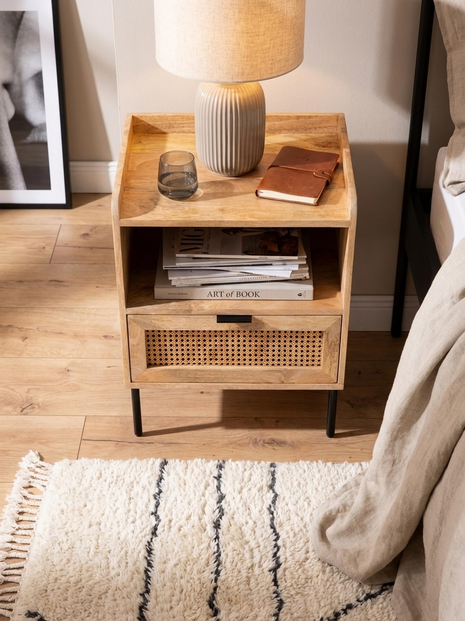 Consolle da notte Mango in legno massello/rattan, 50 x 60 x 40 cm, comodino marrone, comodino con cassetto intrecciato viennese, comodino con vano portaoggetti e