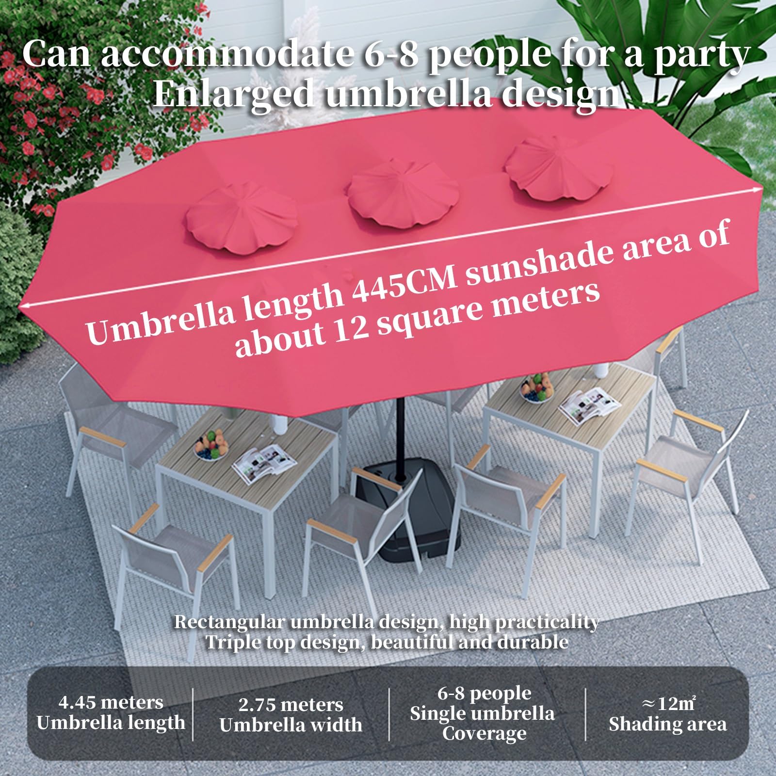 Bardzo duży prostokątny parasol ogrodowy, 455 x 265 cm, blokada UV i wodoodporny parasol tarasowy, składana konstrukcja, idealny do grilla, kawiarni, balkonu, ogrodu (czarny)