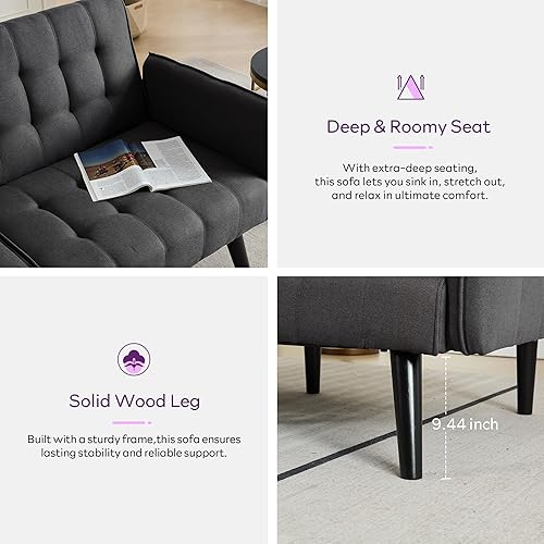 Miniatura 5 de TYBOATLE Sofá cama tipo futón convertible de 65 pulgadas con 2 USB, sofá biplaza tapizado capitoné pequeño y ajustable, moderno de mediados de siglo