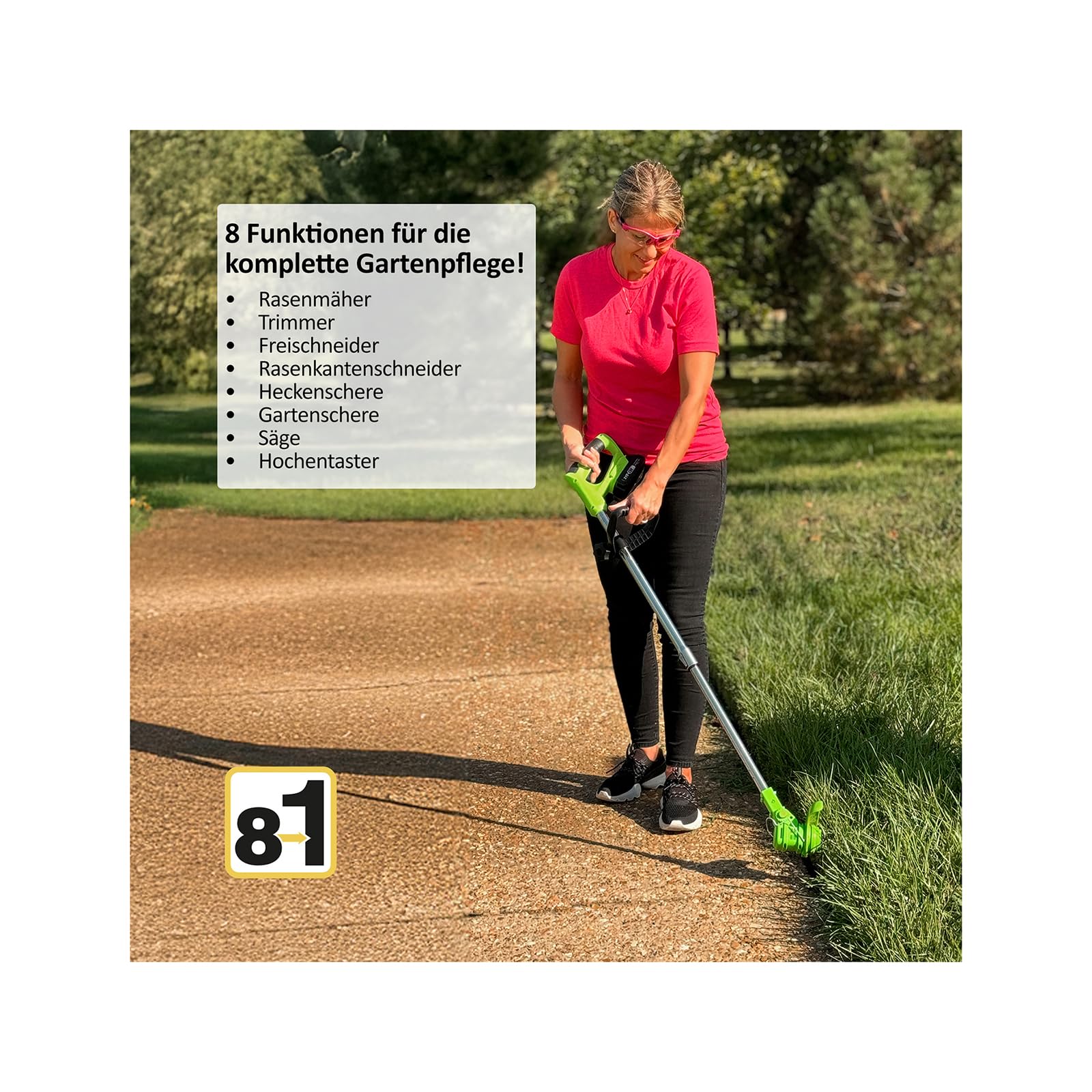 Rotorazer 8in1 Akku Gartengerät Rasentrimmer Set 22-TLG. – Rasenkantenschneider & Freischneider mit 1 Akku, Verstellbarer Schnitttiefe, 7 Präzisionsklingen, Teleskopstange, Gartenpflege