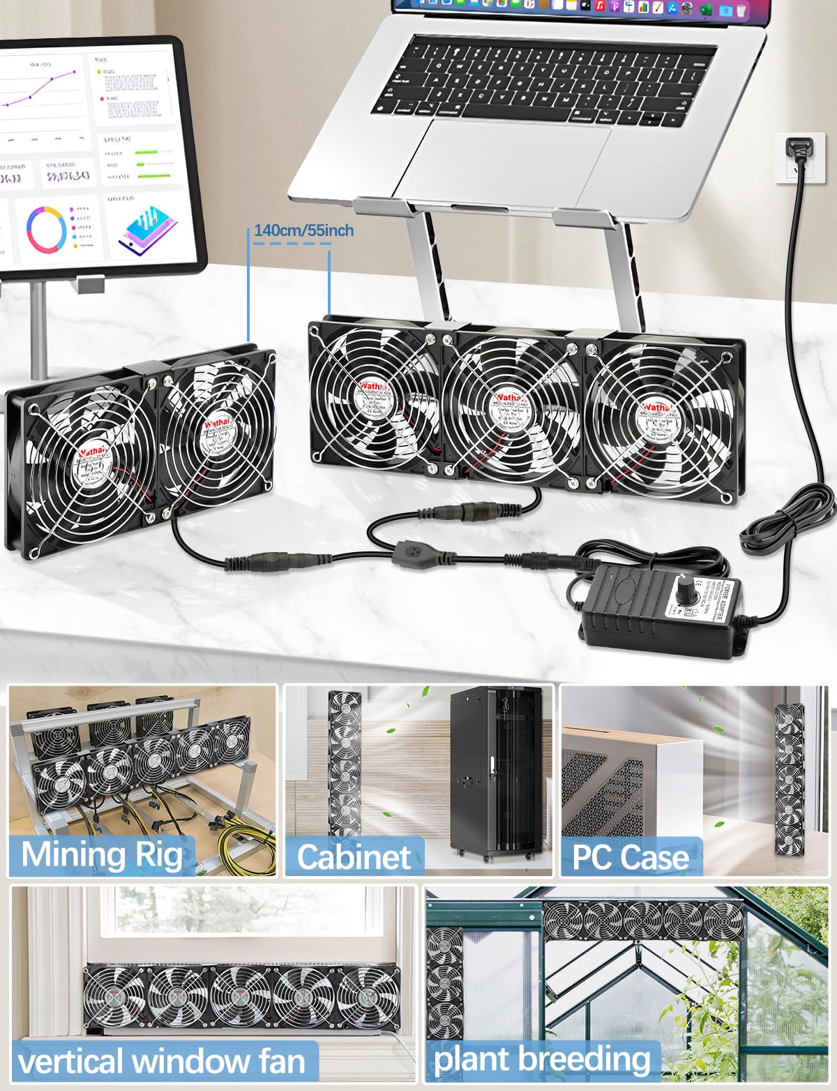 Wathai 5 ventiladores de 120 mm para ordenador con enchufe, rodamientos duales de bolas | Controladores de velocidad para GPU externas, gabinetes de servidores, gallineros y ventilación de ventanas/refrigeración