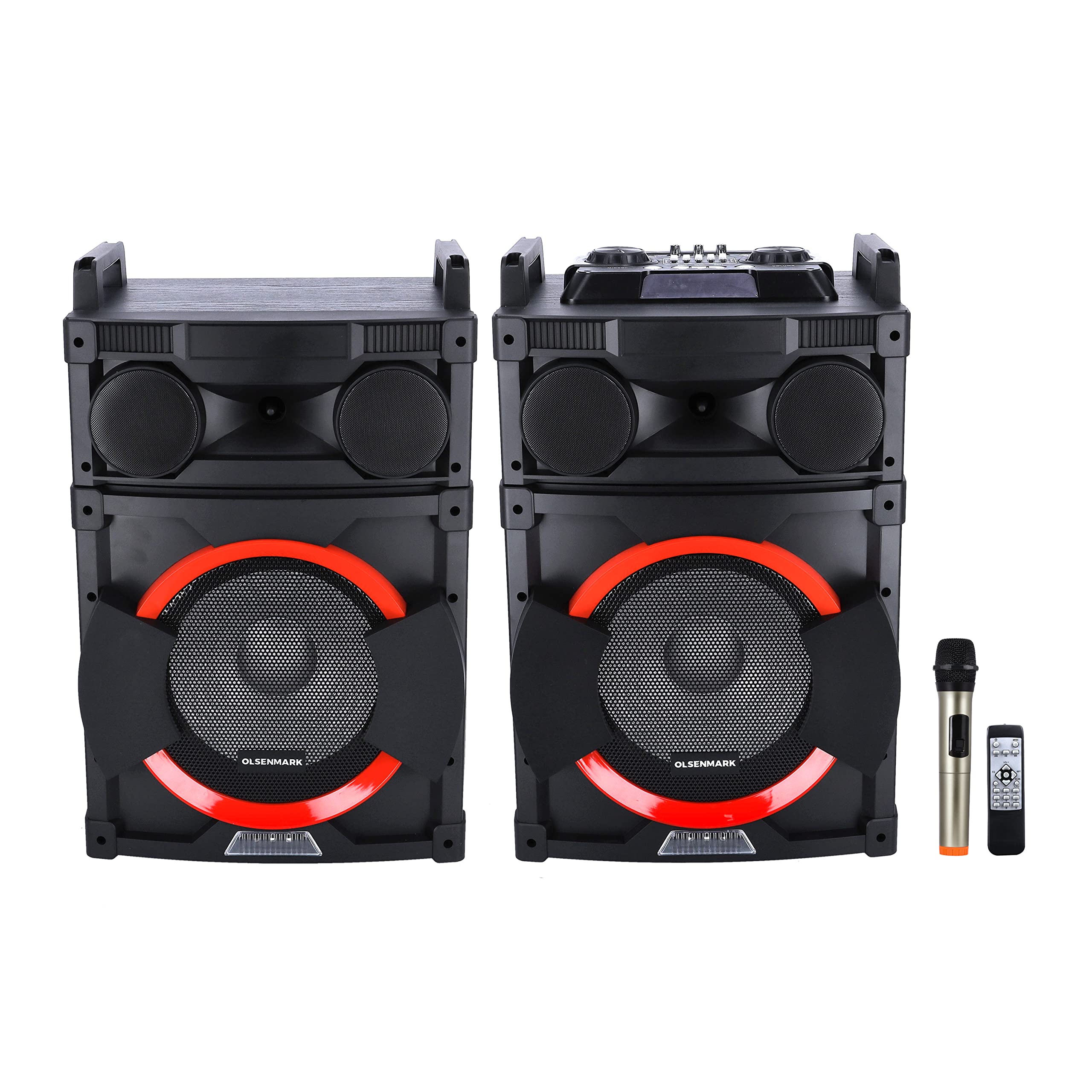 2.0 professional speaker, mic & remote control, omms1294 usb/sd/fm/bt 95000w pmpo ideal for discos, singing, karaoke, black