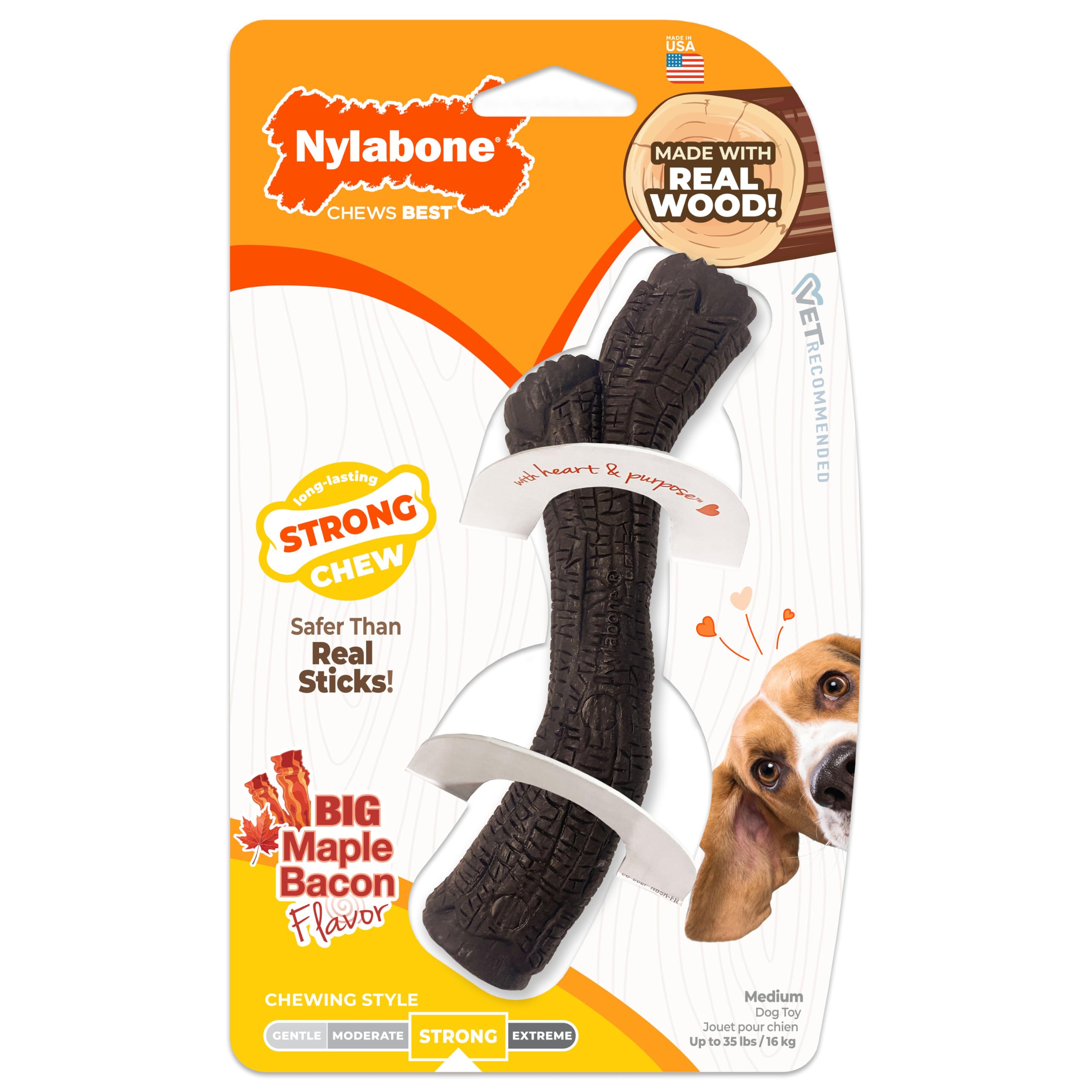 Nylabone Real Wood Stick Toy Strong Chew Toy for Dogs, Rubber Dog Toys for Moderate & Aggressive Chewers, Bacon Flavor, Medium - Up to 35 lbs, 1 Count