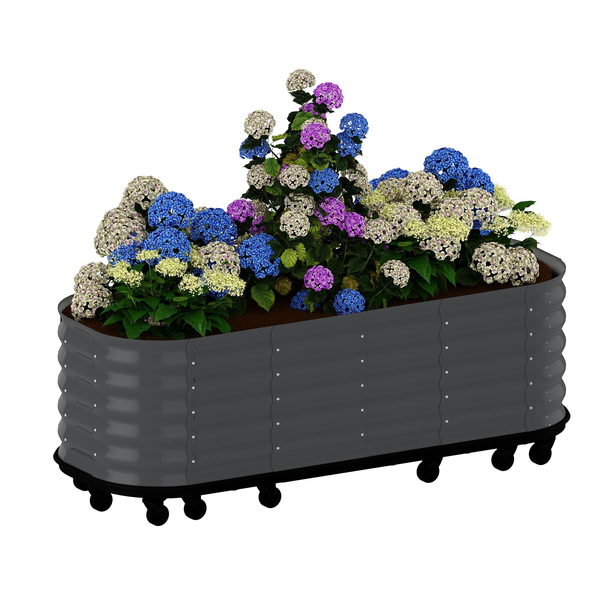Aptliton 240x60x50cm Large Raised Garden Bed with 16 Lockable Wheels, Mobile Oval Galvanized Steel Planter Box with Drainage Holes for Vegetables Flowers Herbs Outdoor Patio Balcony, Grey