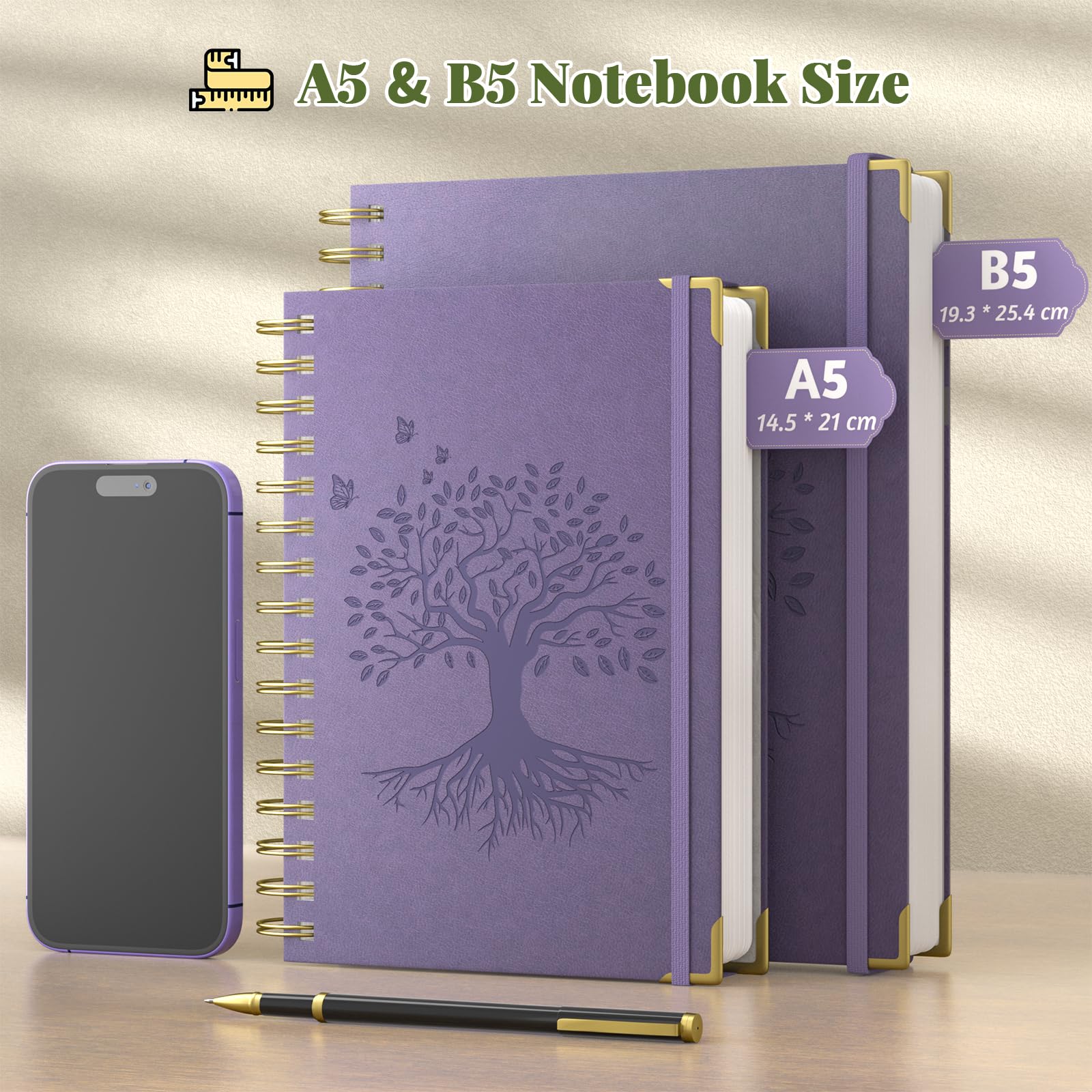 Smarpau Spiraal-notitieboek B5, gelinieerd dagboek, hardcover, pvc, 320 pagina's, 100 g/m², dik papier om te schrijven, notitieboeken voor vrouwen, mannen, werk, kantoor, school, 19 x 25 cm, paars