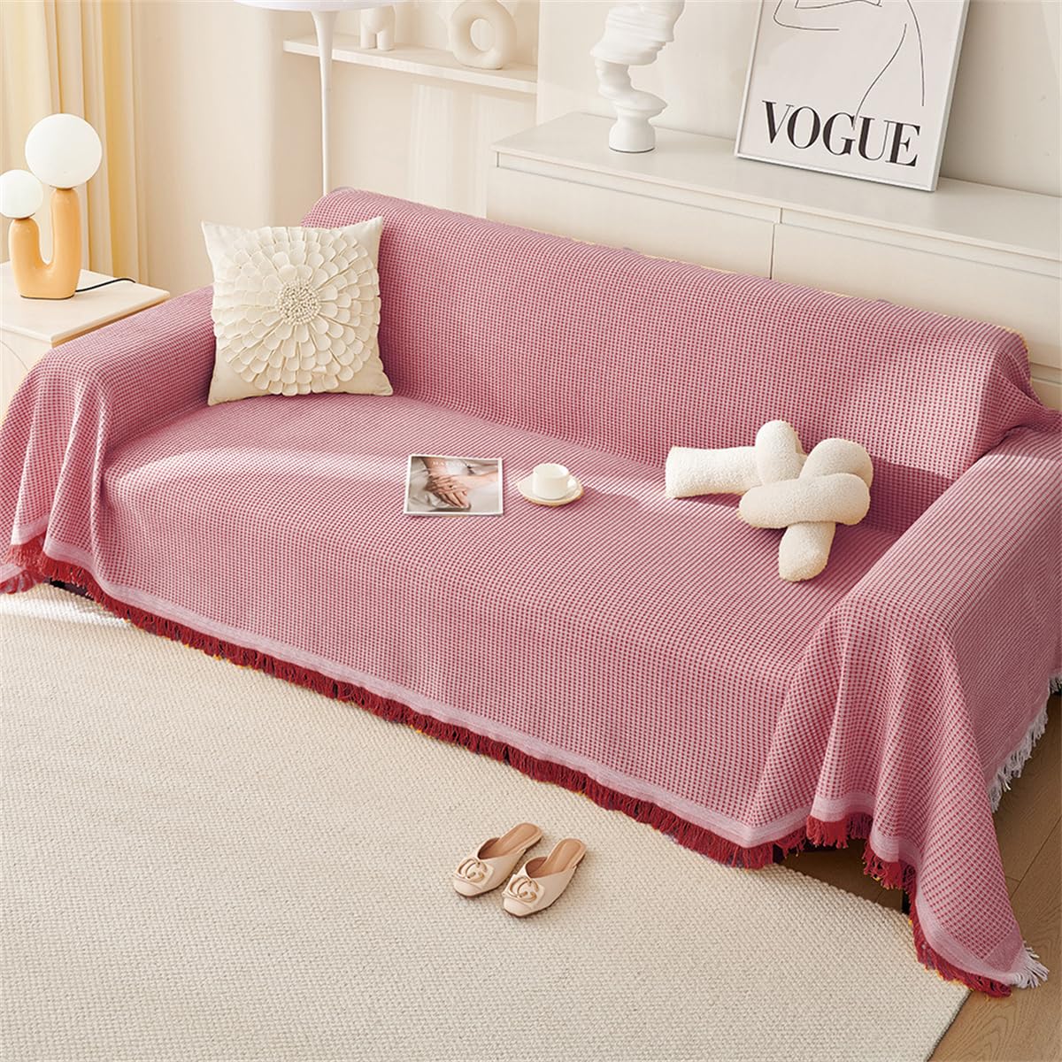 Xisnuient Cotton Sofas Throws Large 1/2/3/4 Seater, Bed Blanket Throws for Settees, Modern Solid Colour Non Slip Small Throw Sofa Covers King Size Blankets for Beds Double Cream Grey (Red,90x90cm)