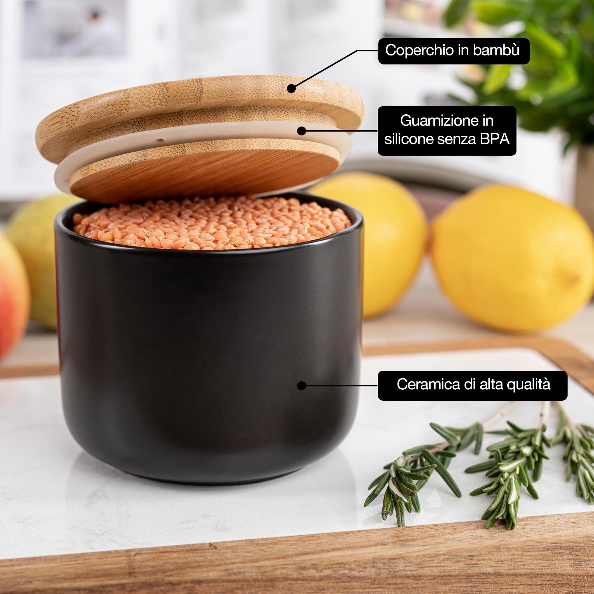 Moritz & Moritz barattoli cucina nero 400-900 ml - Scrivibile - 3x Barattolo ceramica con coperchio in bambù - Barattolo con coperchio per farina, caffè, muesli o utensili da bagno