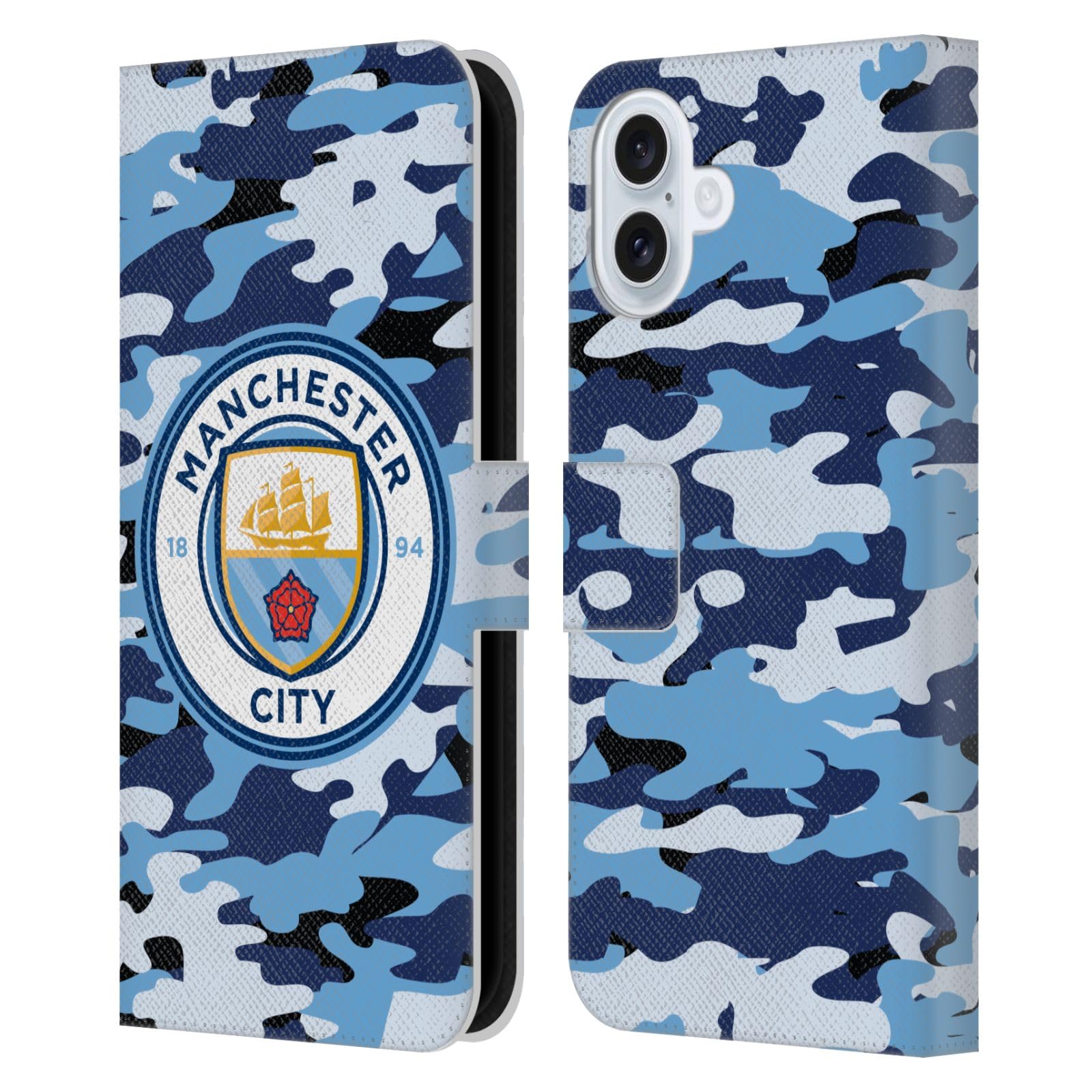 Head Case Designs Officially Licensed Manchester City Man City FC Blue Moon Badge Camou Leather Wallet Case Compatible With Apple iPhone 16 Plus