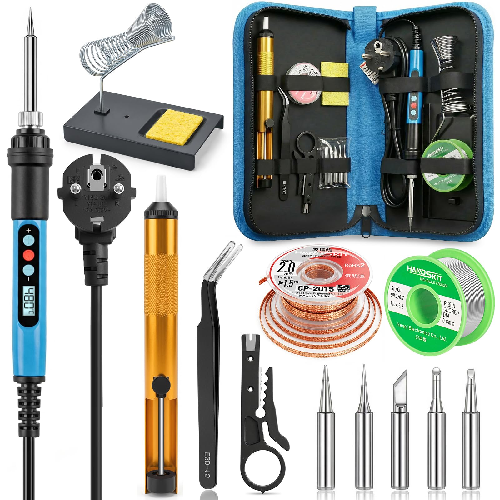 HANDSKIT Soldador de Estaño 90w 14 en 1 Soldadores de Estaño con Temperatura Ajustable 180-480°C y Pantalla Lcd Digital,5 Pcs Puntas,Bomba Desoldadora,Pinzas,Para Trabajos y Reparaciones Eléctricas