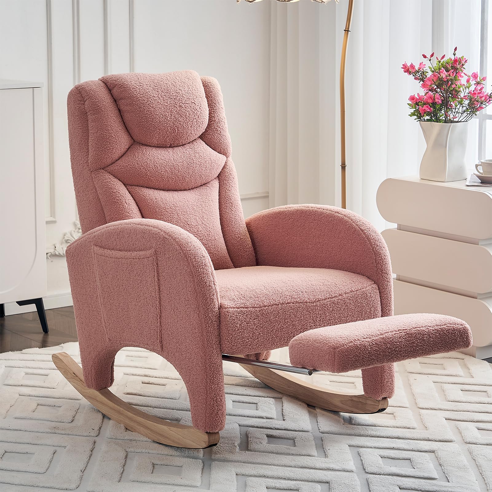 Nursery Rocking Chair with Foot Rest,Upholstered Teddy Glider Rocker with Solid Wood Legs, Accent Nursing Arm Chair for Living Room/Bedroom/Nursery,Pink