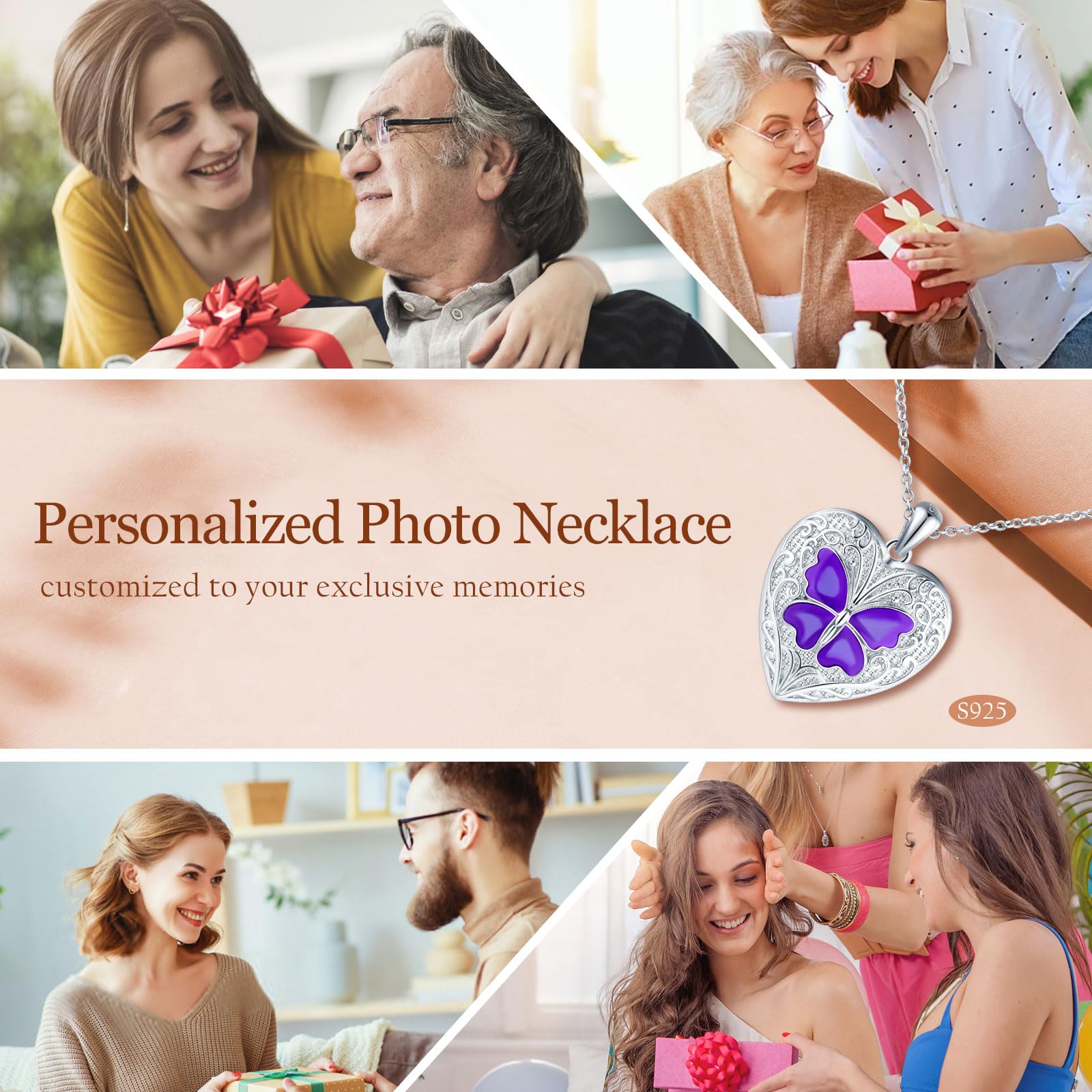 Herz Foto Kette Silber 925 mit Bild: Halskette Damen Schmetterling Medaillon zum Öffnen für Bilder-Tiere Anhänger Ketten Mode Amulett Schmuck-Personalisierte Geschenk für Frauen Mama Freundin Mädchen