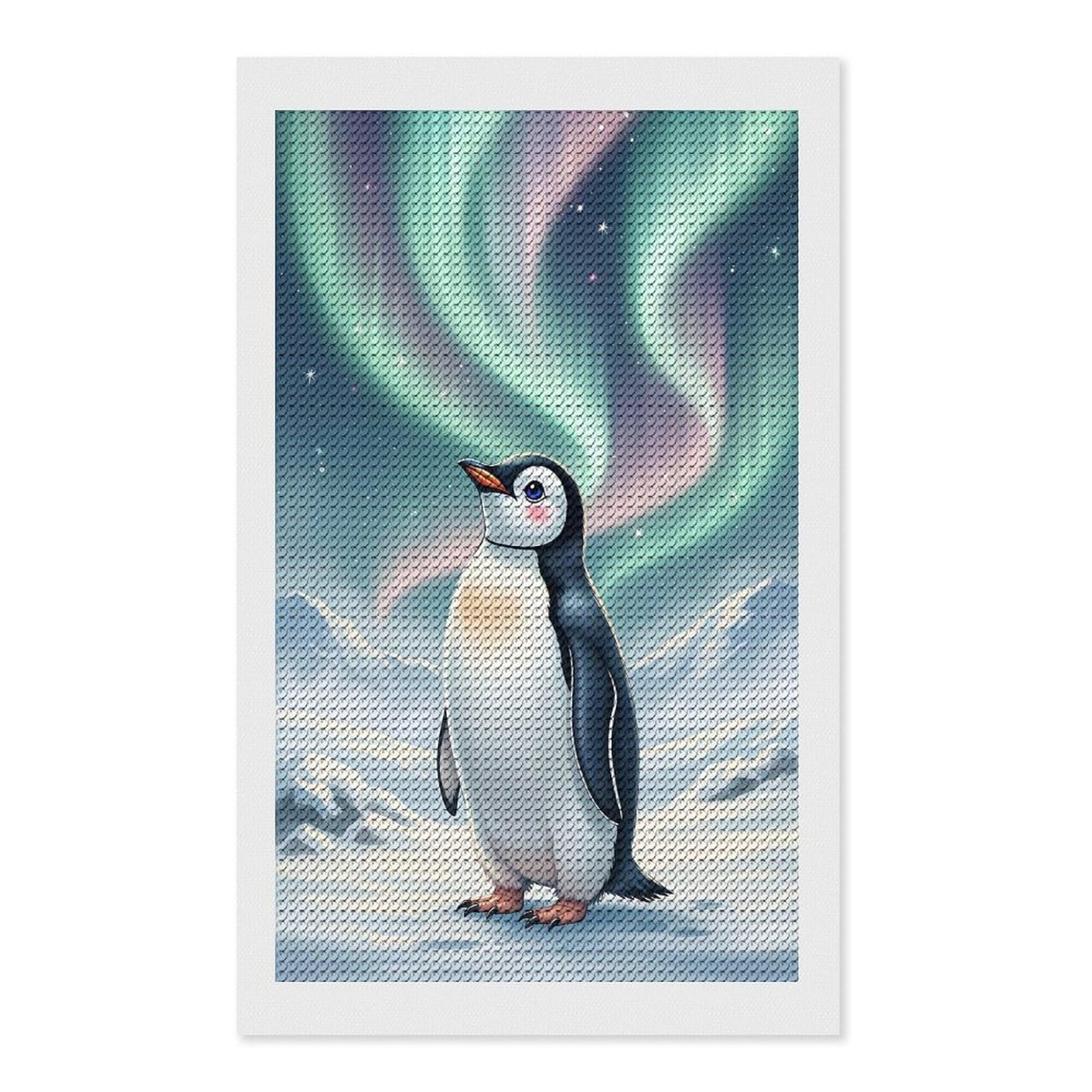 Junmoney Cartoon Penguin Under Aurora Borealis Full Drill Diamond Painting Kit 12"x20", Mindful Craft Activity, Bedroom Decor, for Adults, Gift Idea
