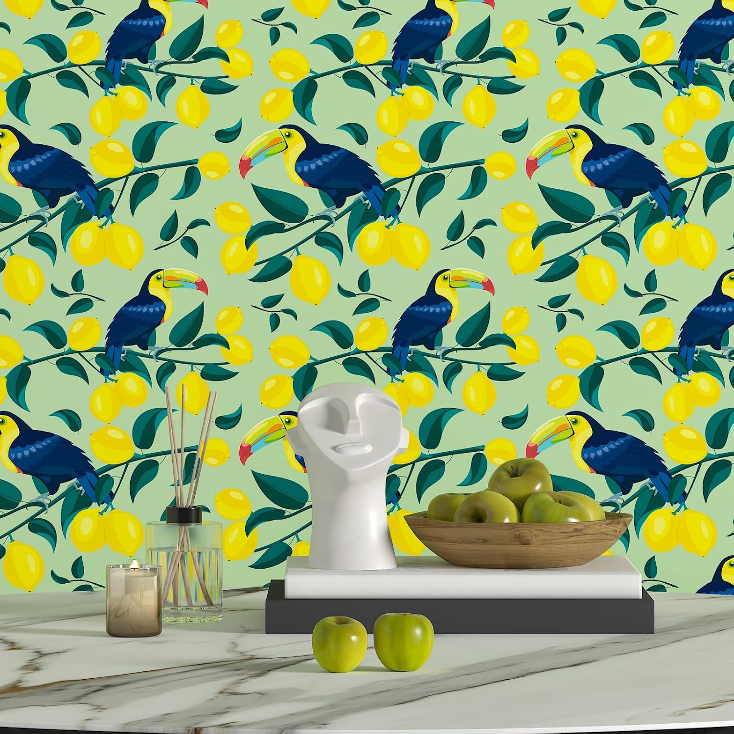 CHIHUT Toucan Lemon Peel and Stick Tropical Wallpaper 17.7”x236” Soft Lime Green Background Vibrant Bird Citrus Print Wallpaper Self Adhesive Decorative Contact Paper for Accent Wall Cabinets