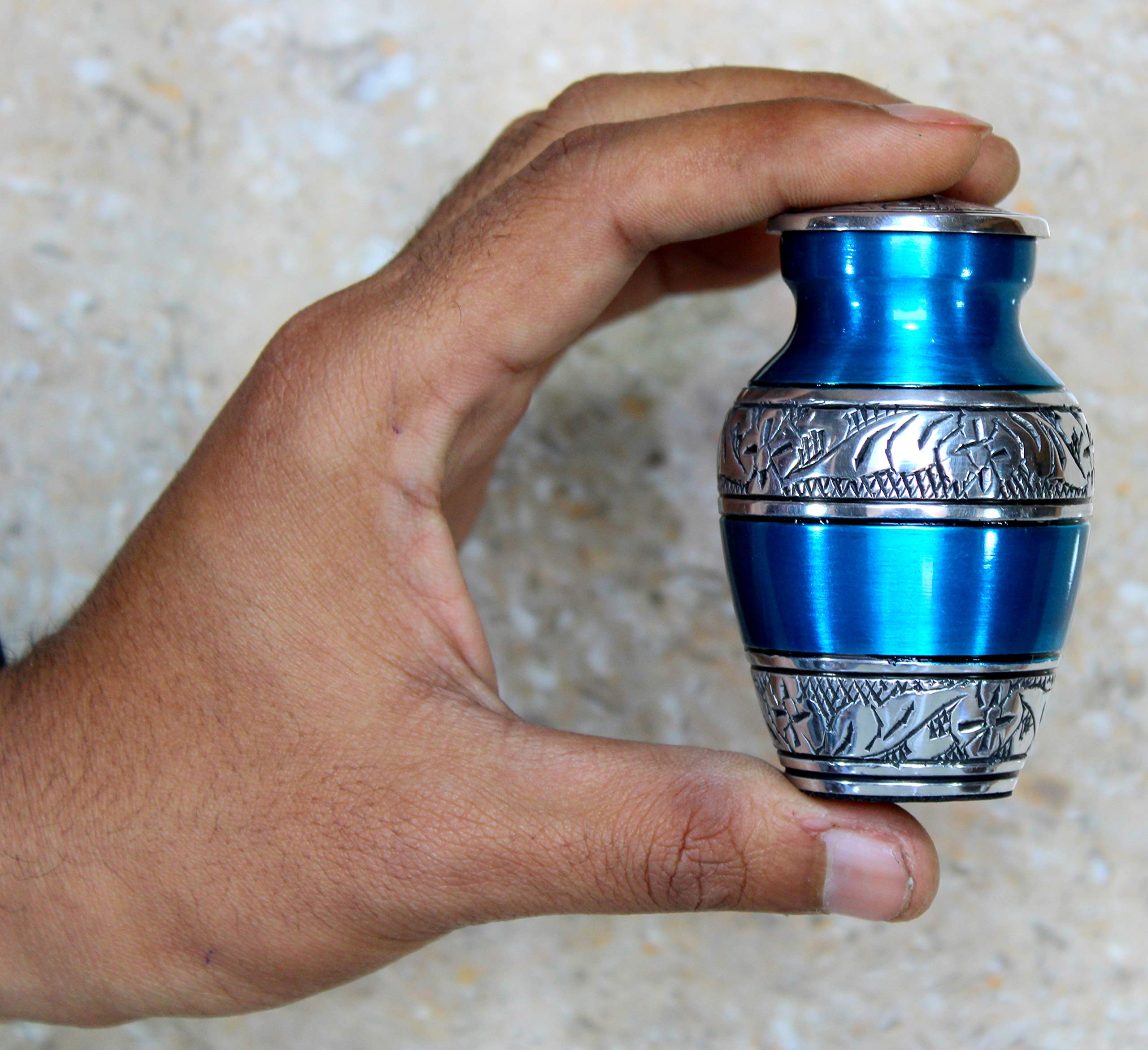 eSplanade Tarro conmemorativo de metal con forma de urna de cremación, juego de 4, urnas pequeñas para entierro de cenizas funerarias, recuerdos grabados y texturizados, azul, 3 pulgadas