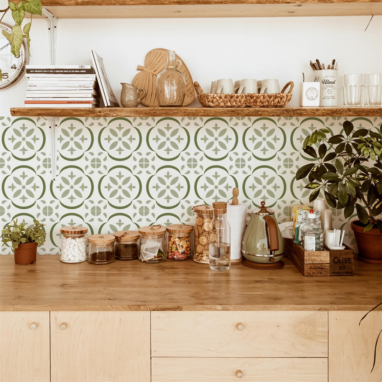 Peel and Stick Wall Tiles Morocco Green Tiles Self Adhesive PVC Home Decor Backsplash Kitchen Tile Stickers Waterproof Tile Stickers for Bathroom 15x15cm /20 Pcs