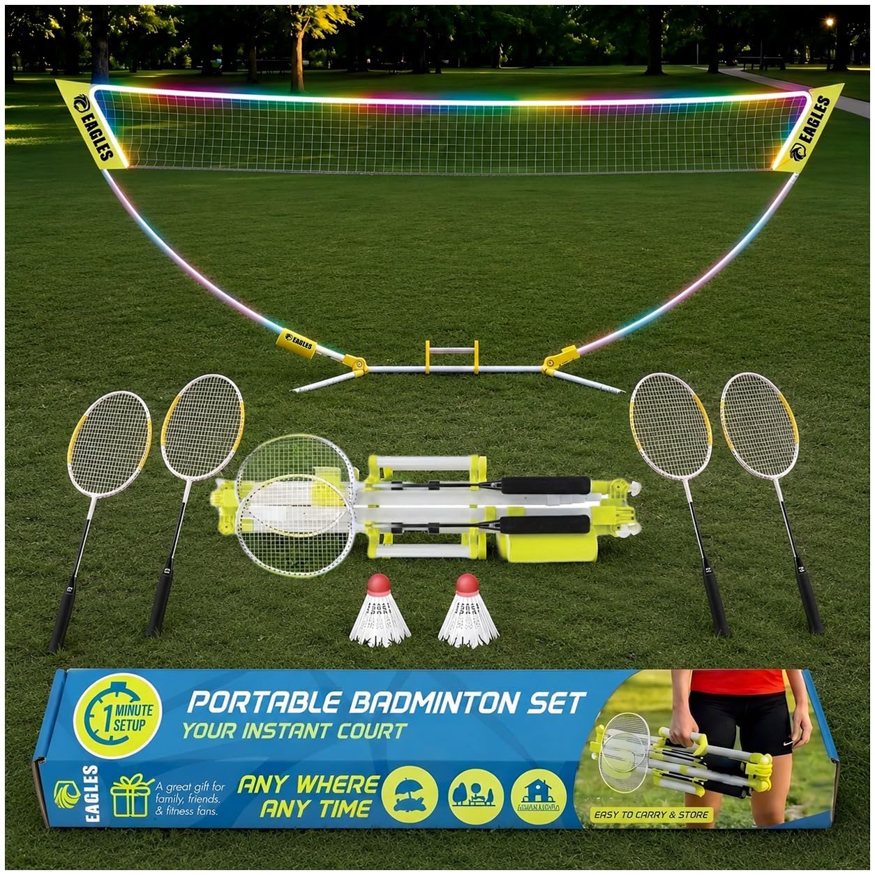 Komplettes tragbares Badminton-Set – schnelle und einfache Einrichtung – 4 Schläger, 2 Federbälle, 1 Netz & Badmington Stangenrahmen für Hinterhof, Park & Strandspiele, Indoor Outdoor