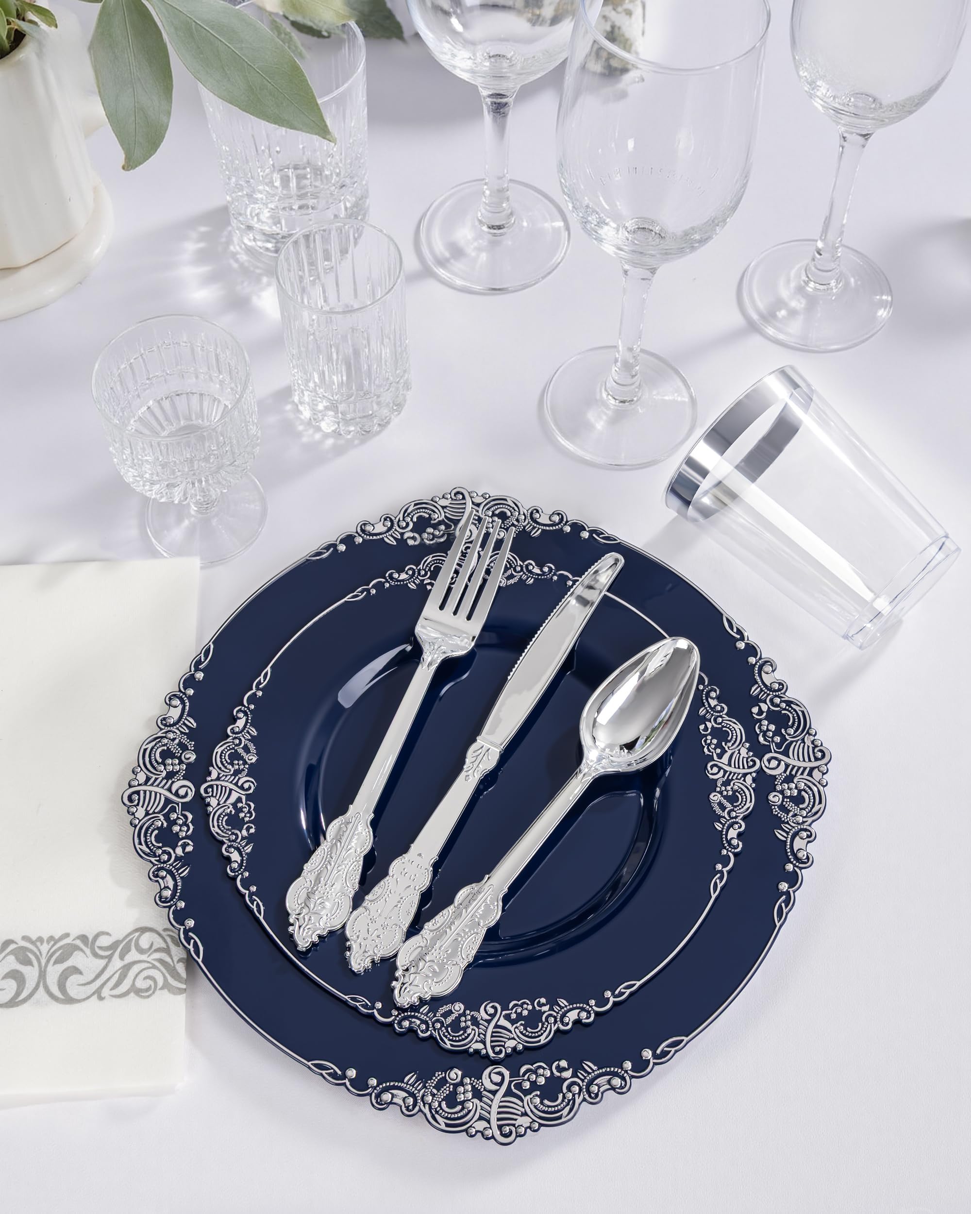 Blue & Silver Plastic Plates - 175 Piece Set -4