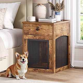 HOOBRO Dog Crate Furniture, Dog Kennel with Drawer and Charging Station, Indoor Decorative Puppy House, Wooden Pet Crate End Table for Small Dogs, Rustic Brown and Black BF58UGW03G1