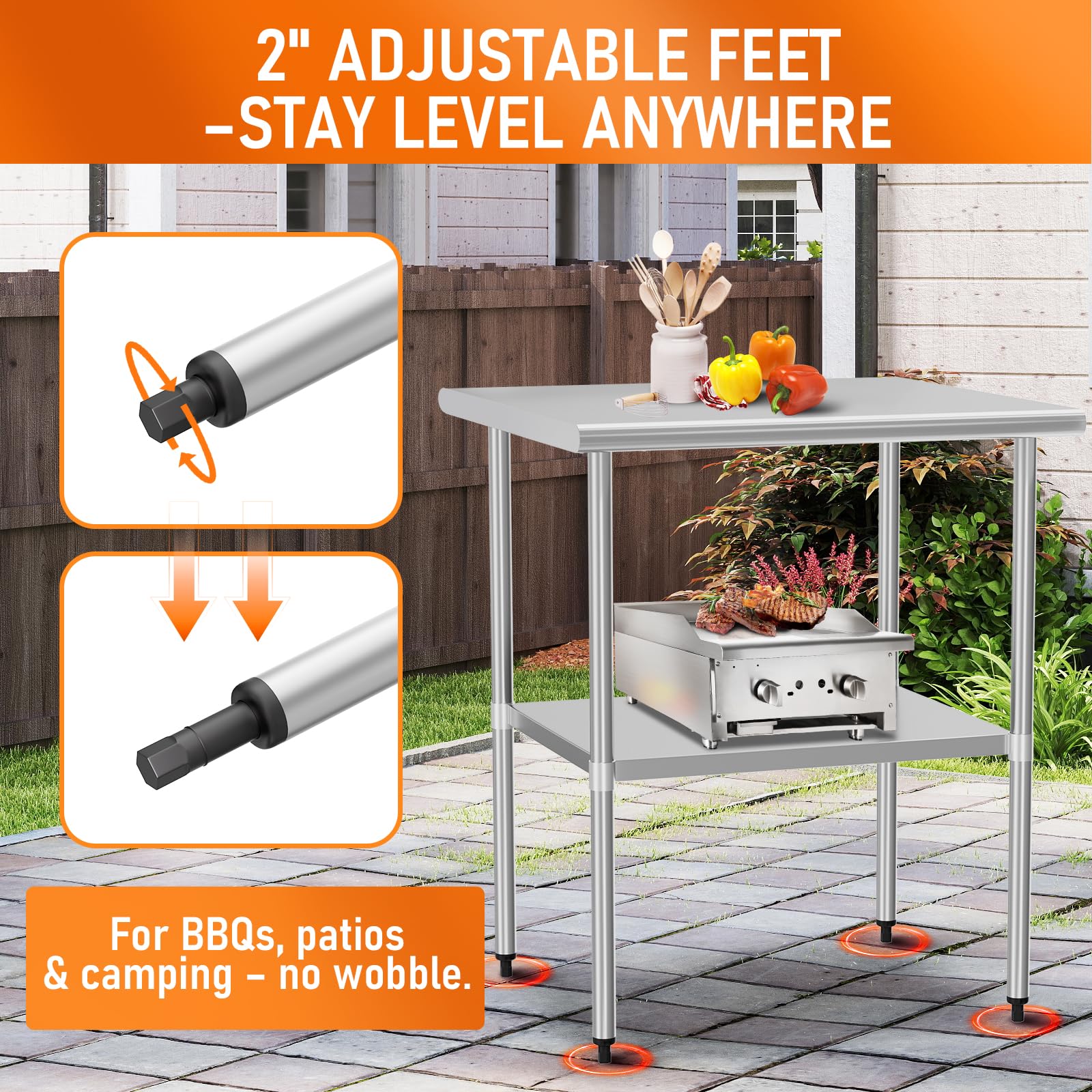 Mesa de acero inoxidable para preparación y trabajo, 30 x 30 pulgadas con estante ajustable, estaciones de trabajo comerciales, mesa de utilidad en cocina, garaje, lavandería, barbacoa al aire