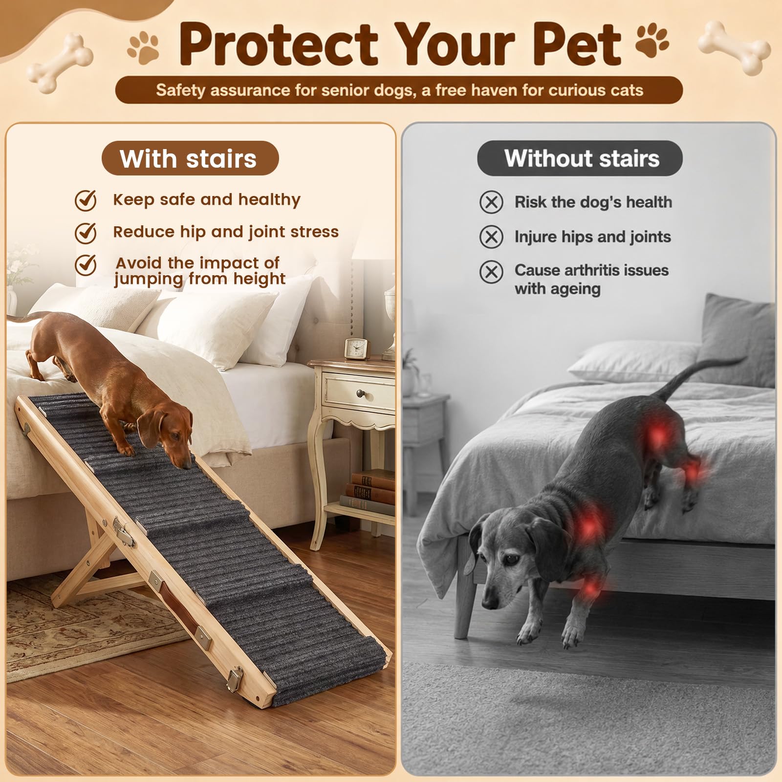 Rampe Chien en Bois, 84cm Rampe Pliable pour Chien avec 4 Hauteurs Réglable | Escalier portable lits avec revêtement antidérapant Rampe animaux pour chiens petite à moyenne taille jusqu'à 50kg