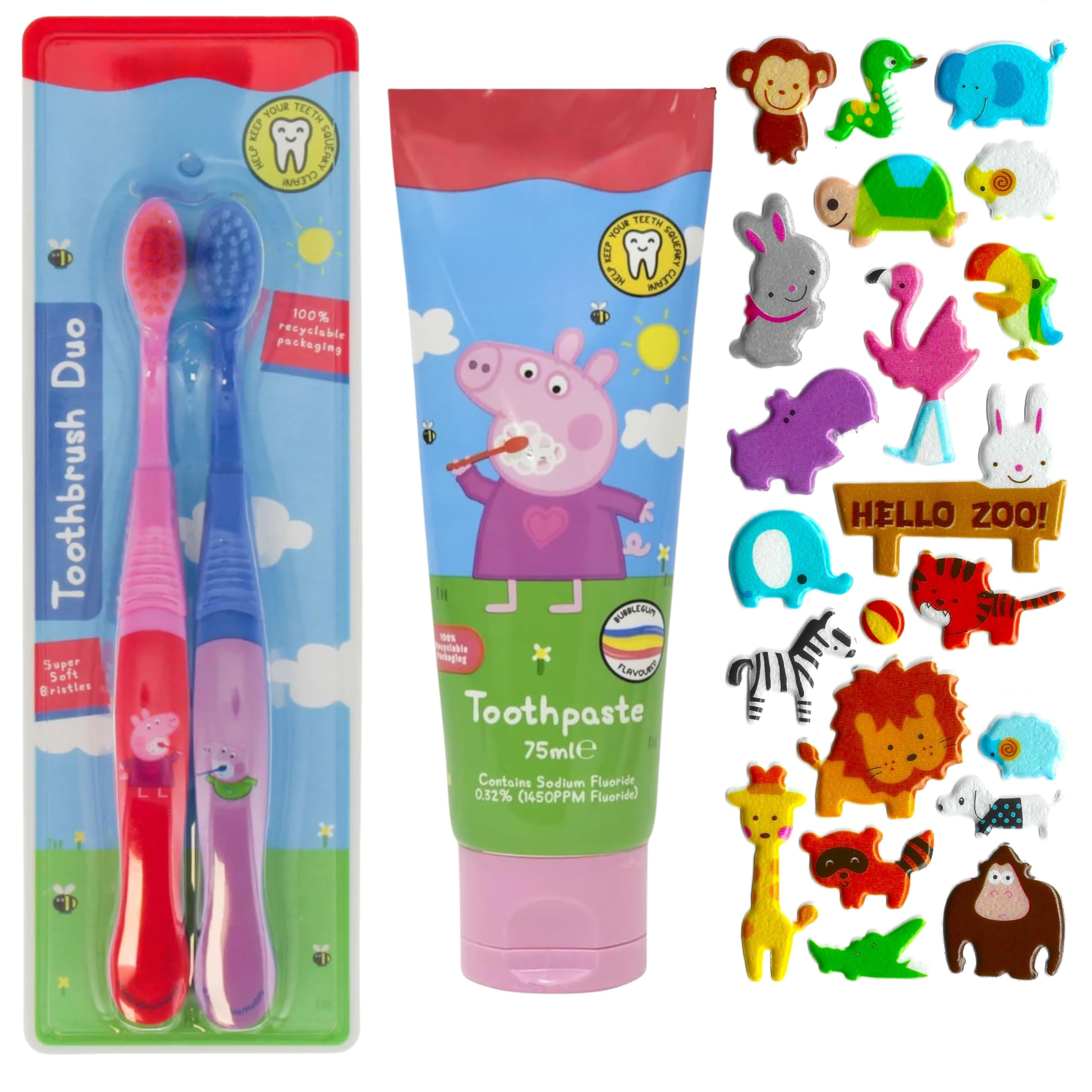 Peppa Pig Toothbrush (Duo) and Toothpaste Gift Set. 2 Peppa Pig Toothbrushes & Bubblegum Flavoured Kids Toothpaste Ages 3-8. A Hadco Puffy Sticker Sheet Included.