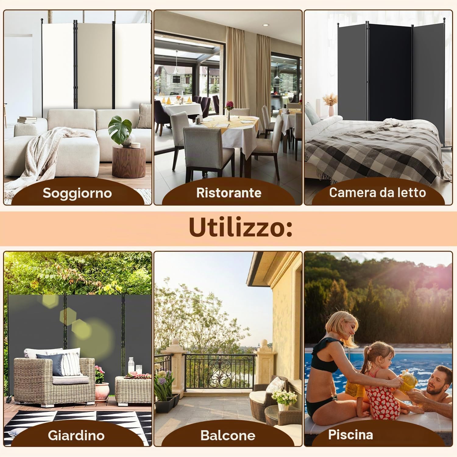 Paravento divisorio 1 pezzo pieghevole, divisorio pieghevole a libero posizionamento su ruote, parete per spogliatoio e protezione della privacy, divisorio per giardino uffici terrazza