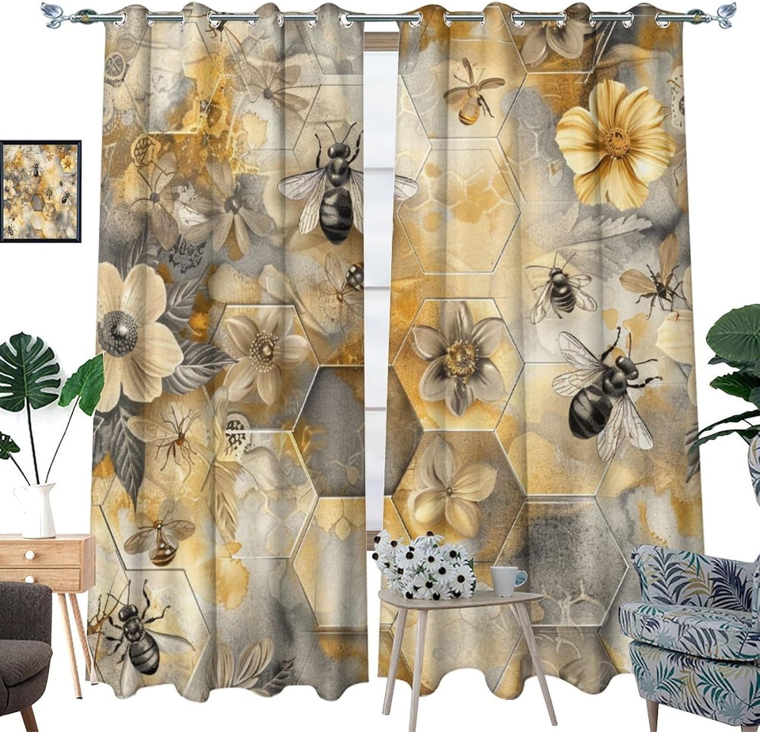 Abstract Floral Bee Curtains for Bedroom, Retro Rustic Plant Honeycomb Grommet Blackout Curtains Thermal Insulated Window Drapes for Living Room, 21W x 54L, 2 Panels