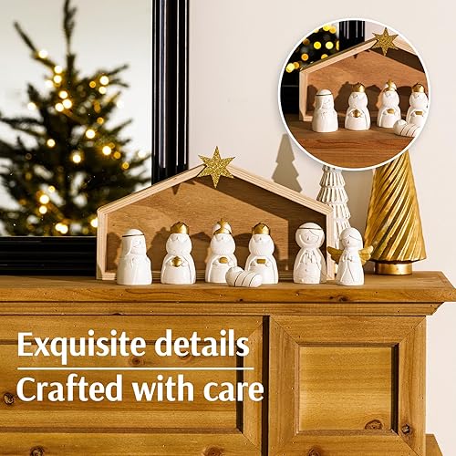 Miniatura 11 de WDS Wondrous Juego de 12 piezas de pesebre de cerámica, figuras de Navidad en miniatura, belén de porcelana blanca para decoración de mesa de Blanco