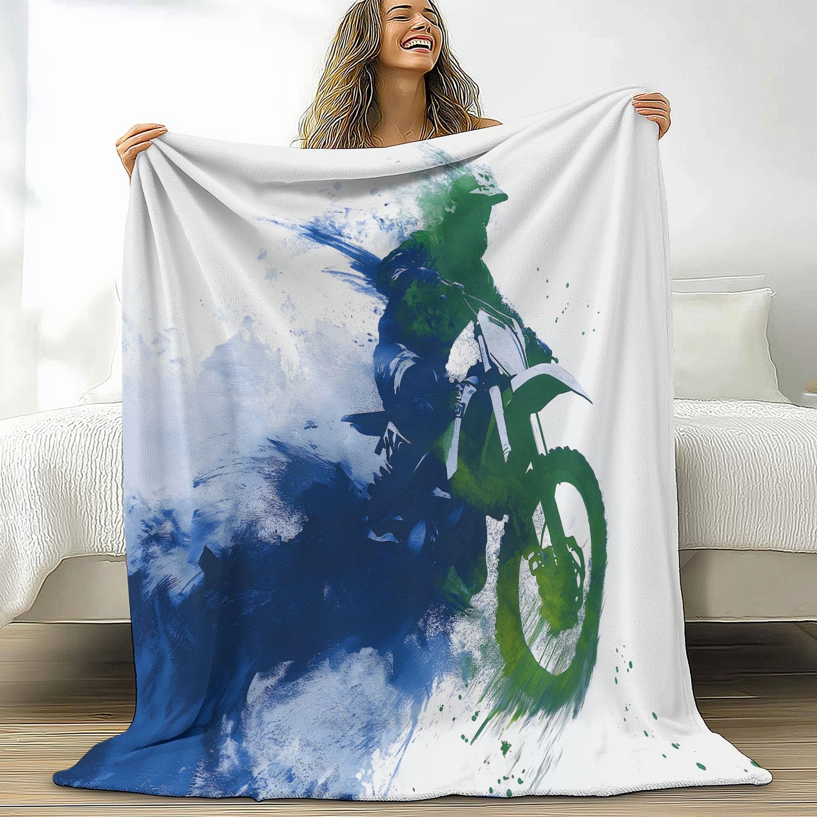 Sztuka abstrakcyjna, ultramiękki koc flanelowy, narzuta, 220 x 240 cm, pluszowy i ciepły, abstrakcyjny, zielony, niebieski, terenowy, motocykl, lekki koc na łóżko, na sofę, podróż i dla dzieci