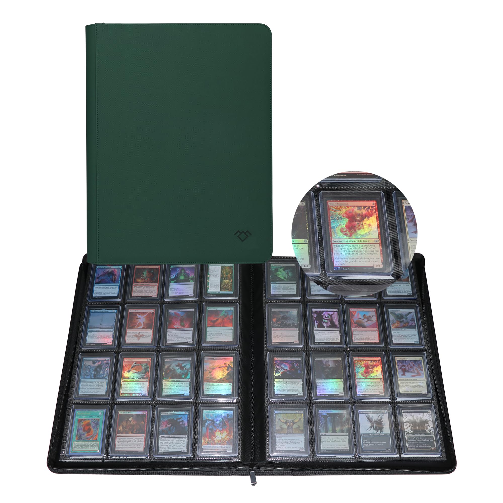 GrinOwl 16-Pocket Green Toploader Card Binder, Holds 640 Top Loaders, Zipper Closure, Built-in Spine