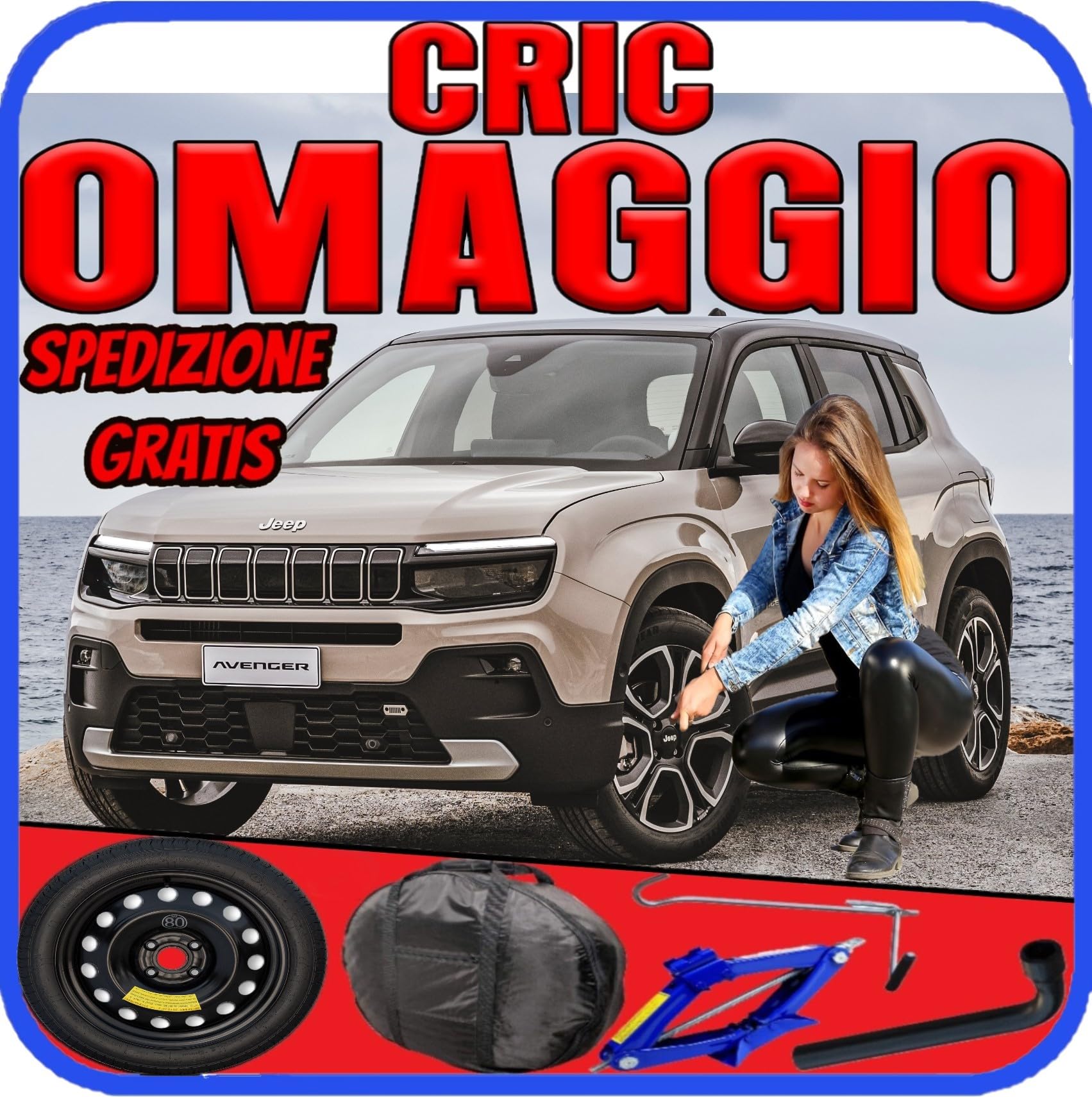 Ruotino di Scorta per Jeep Avenger FH1 4 Fori 125/80 R16 2023 2024 con Kit Cric Chiave Sacca
