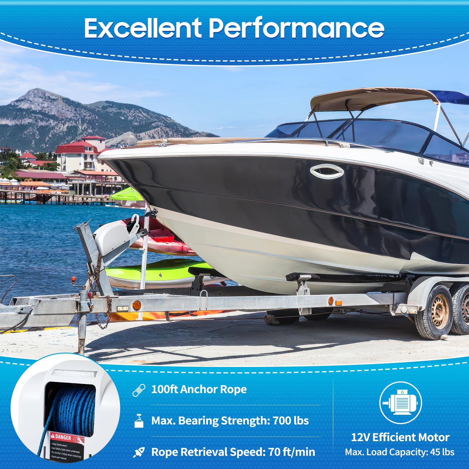 PIAOCAIYIN Boat Anchor Winch, 45 Lbs Marine Boat Electric Boat Winch, Trailer Winch, 12V Anchor Winch Up to 45 Lbs, Boat Anchor Winch w/Wireless Remote Control, 70ft/Min, White